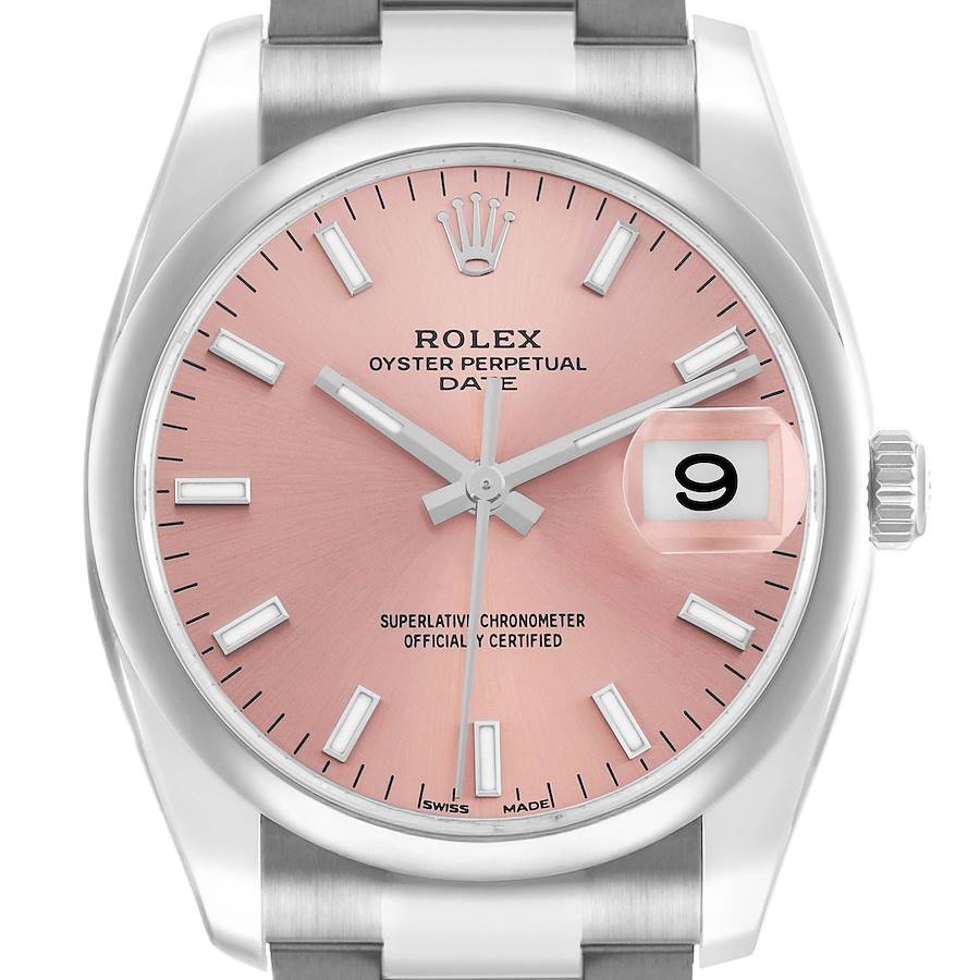 The Rolex Oyster Perpetual 115200 Men's Stainless Steel Pink Dial watch is shown from the front, highlighting the dial, bezel, and date window.