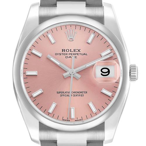 The image shows a frontal view of the Rolex Oyster Perpetual 115200 Men's Stainless Steel Pink Dial watch, highlighting the dial, crown, and part of the bracelet.