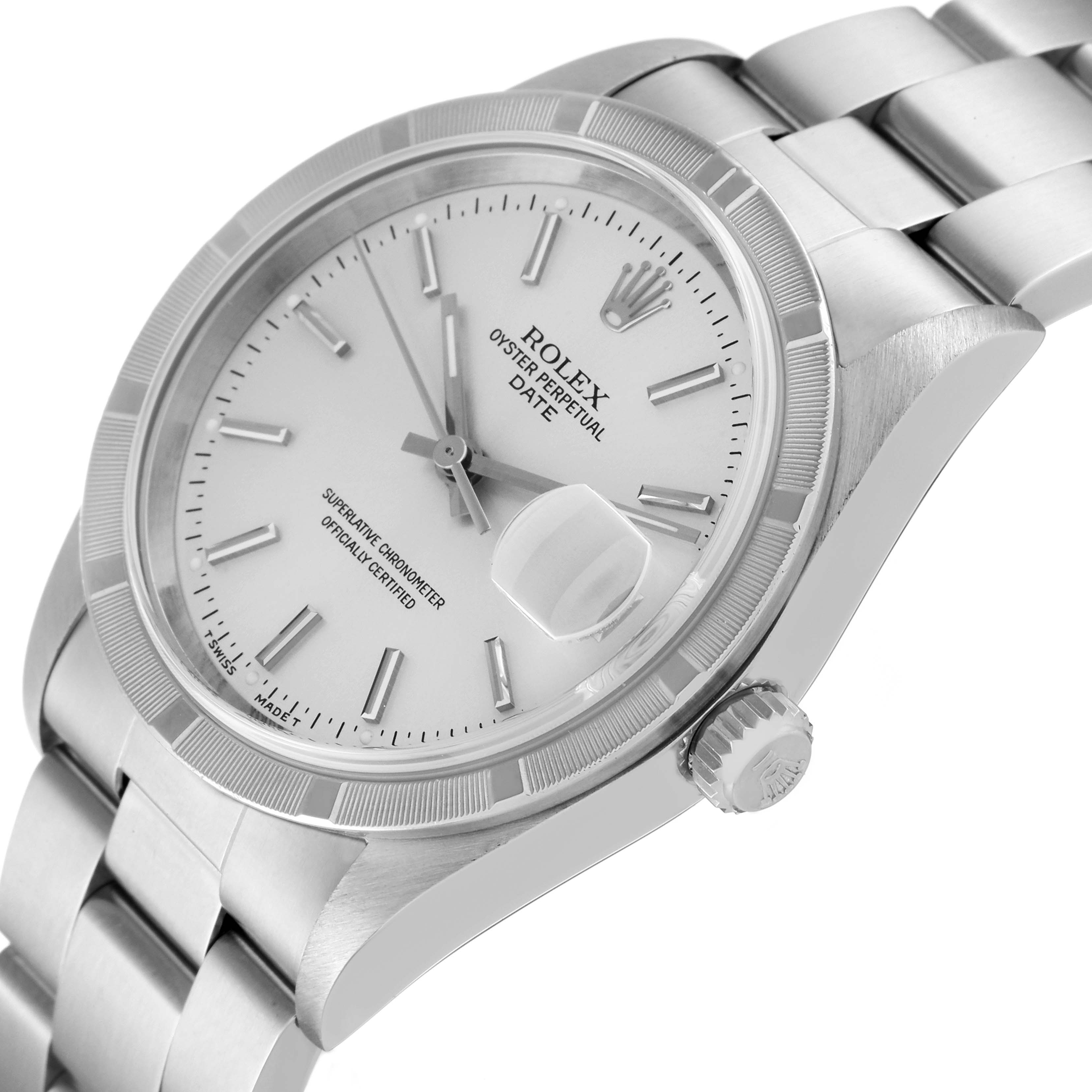 This image shows a side-angle view of a Rolex Date 15210 Men
s Stainless Steel Silver Dial 15210 Men
s Stainless Steel Silver Dial model watch, displaying the face, bezel, crown, and bracelet.