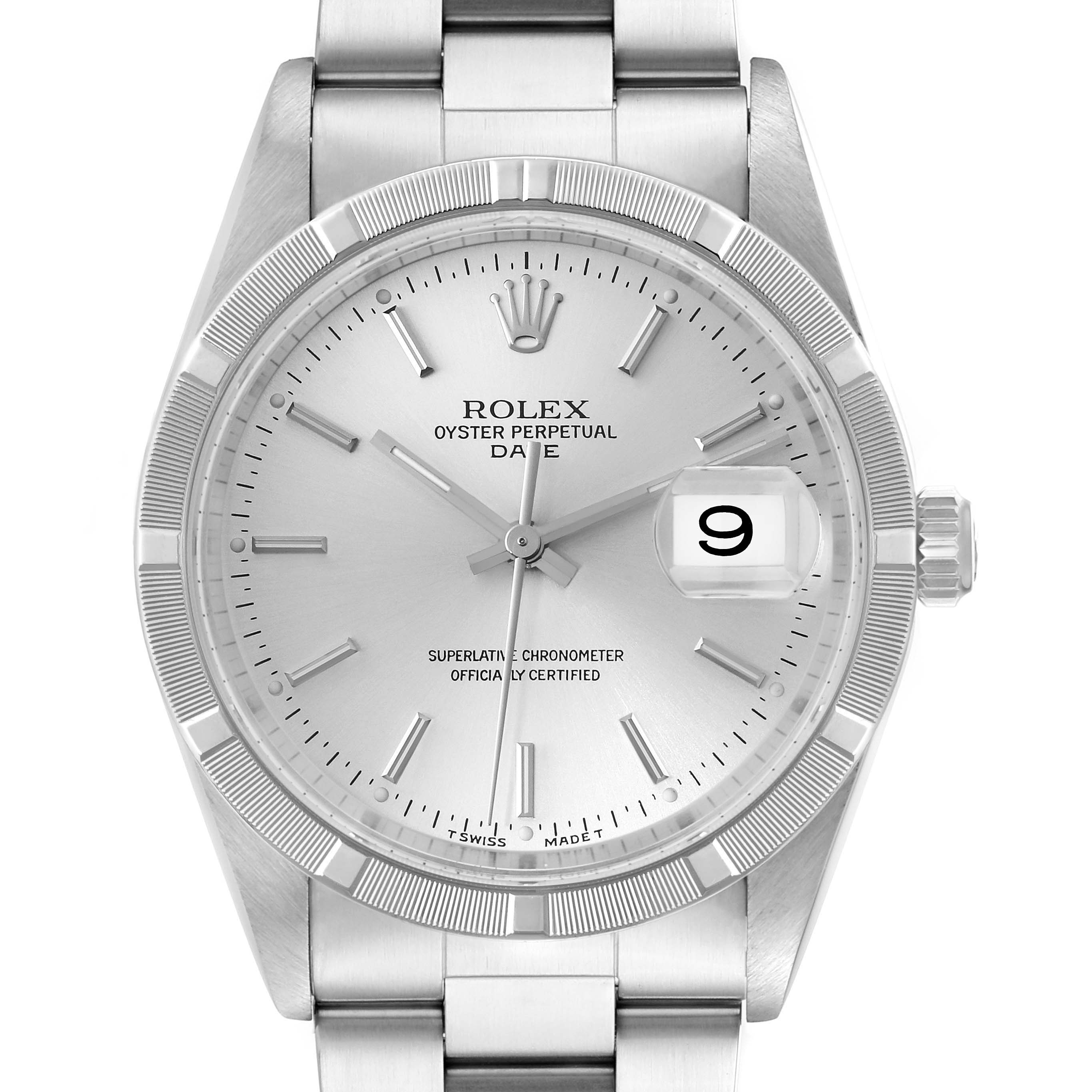 The image shows a front view of a Rolex Date 15210 Men
s Stainless Steel Silver Dial 15210 Men
s Stainless Steel Silver Dial model watch, highlighting the dial, bezel, and bracelet.