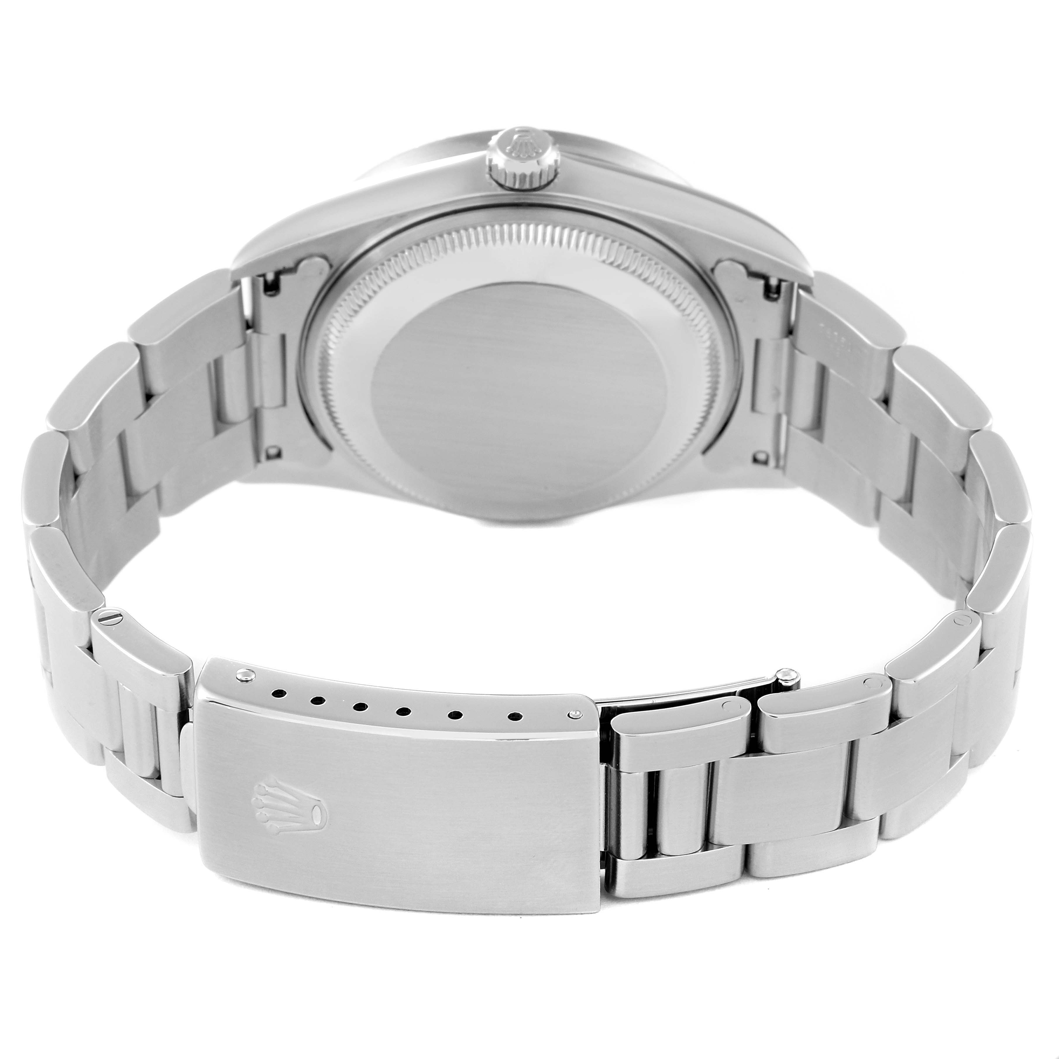 This image shows the back case and metal bracelet of a Rolex Date 15210 Men
s Stainless Steel Silver Dial 15210 Men
s Stainless Steel Silver Dial model watch, including the clasp and links.