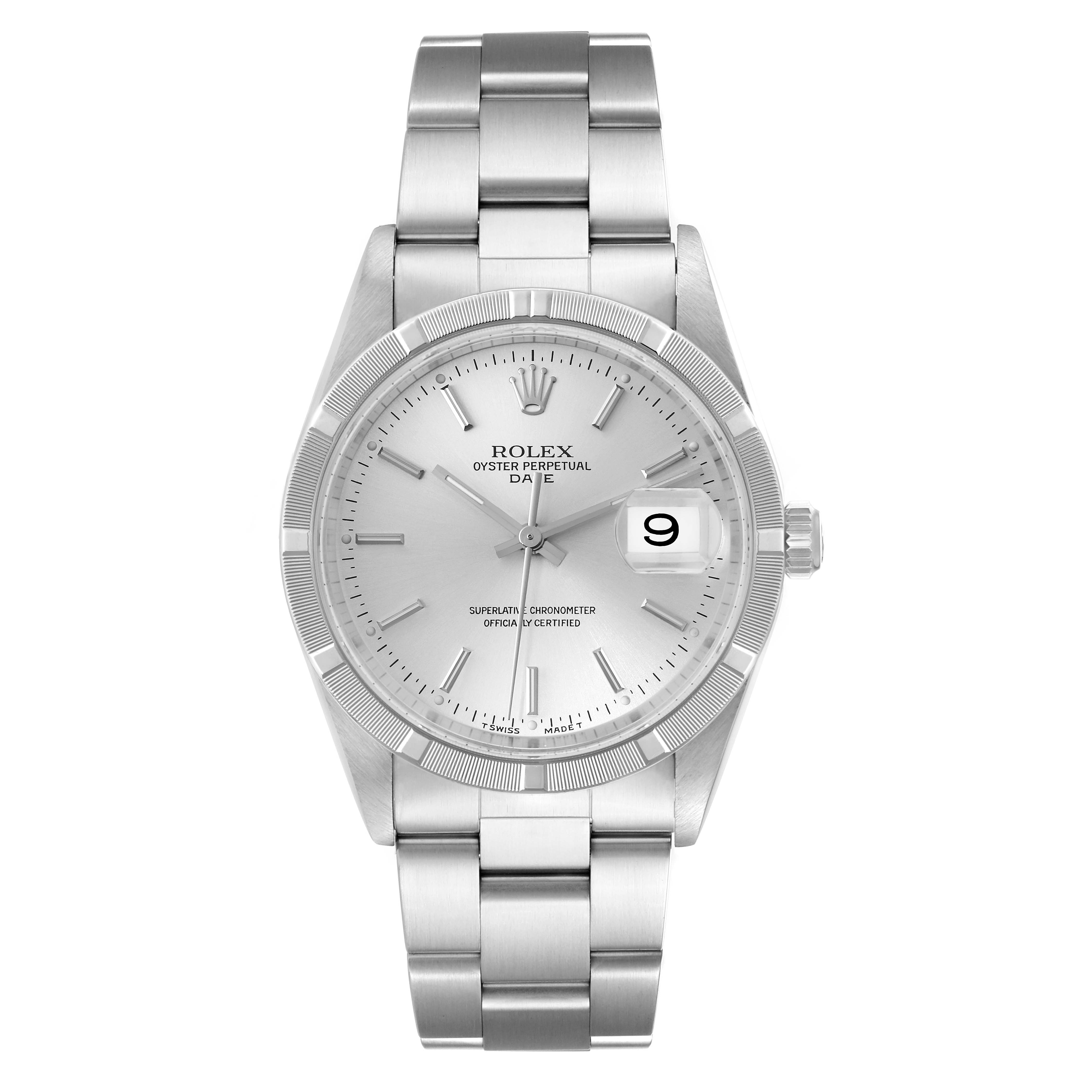 The image shows a front view of a Rolex Date 15210 Men
s Stainless Steel Silver Dial 15210 Men
s Stainless Steel Silver Dial model watch, highlighting the dial, bracelet, and date display.