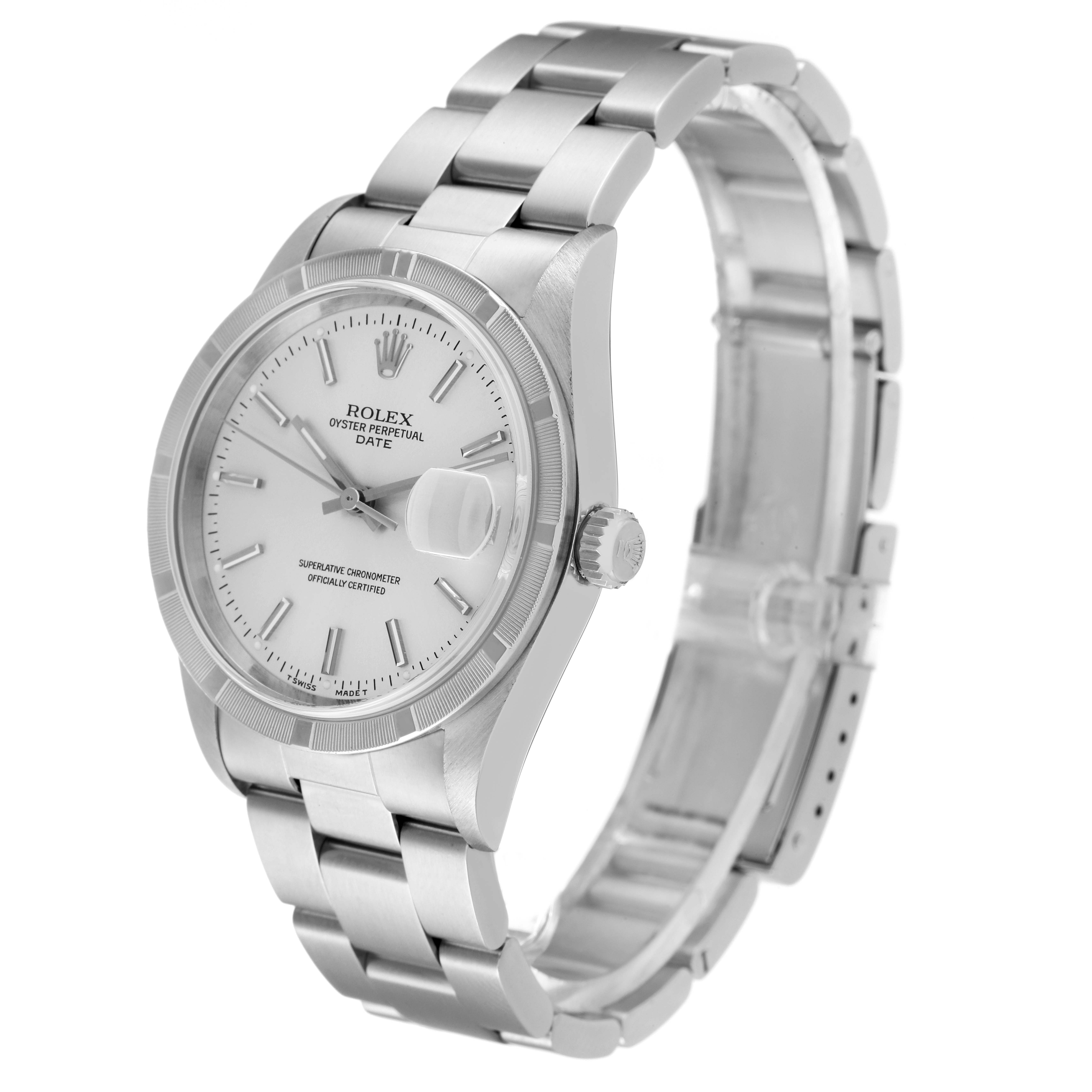 The image shows a Rolex Date 15210 Men
s Stainless Steel Silver Dial 15210 Men
s Stainless Steel Silver Dial model watch angled to display its face, crown, and bracelet.