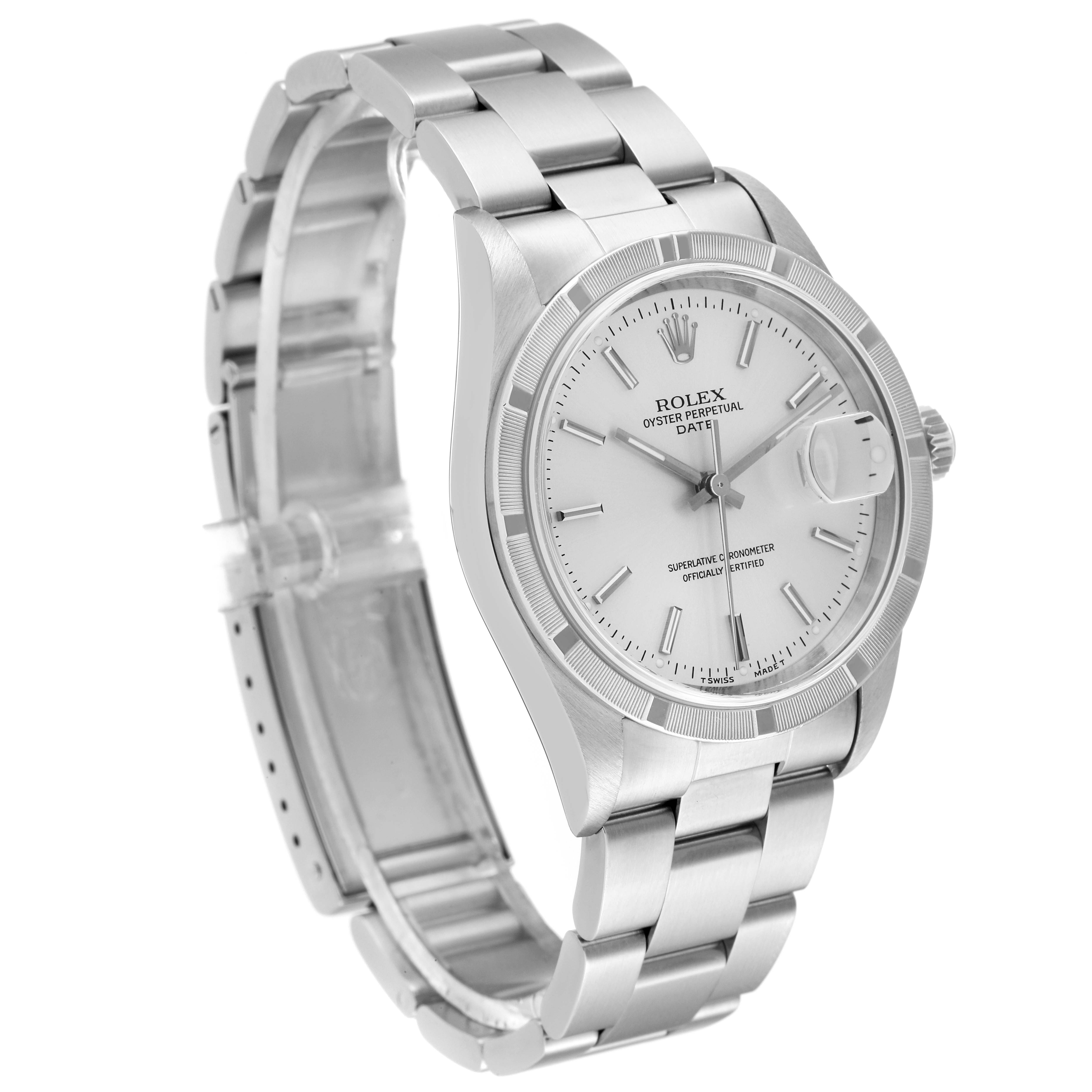 The image shows a Rolex Date 15210 Men
s Stainless Steel Silver Dial 15210 Men
s Stainless Steel Silver Dial model watch at a 3/4 angle, highlighting its face, case, and bracelet.