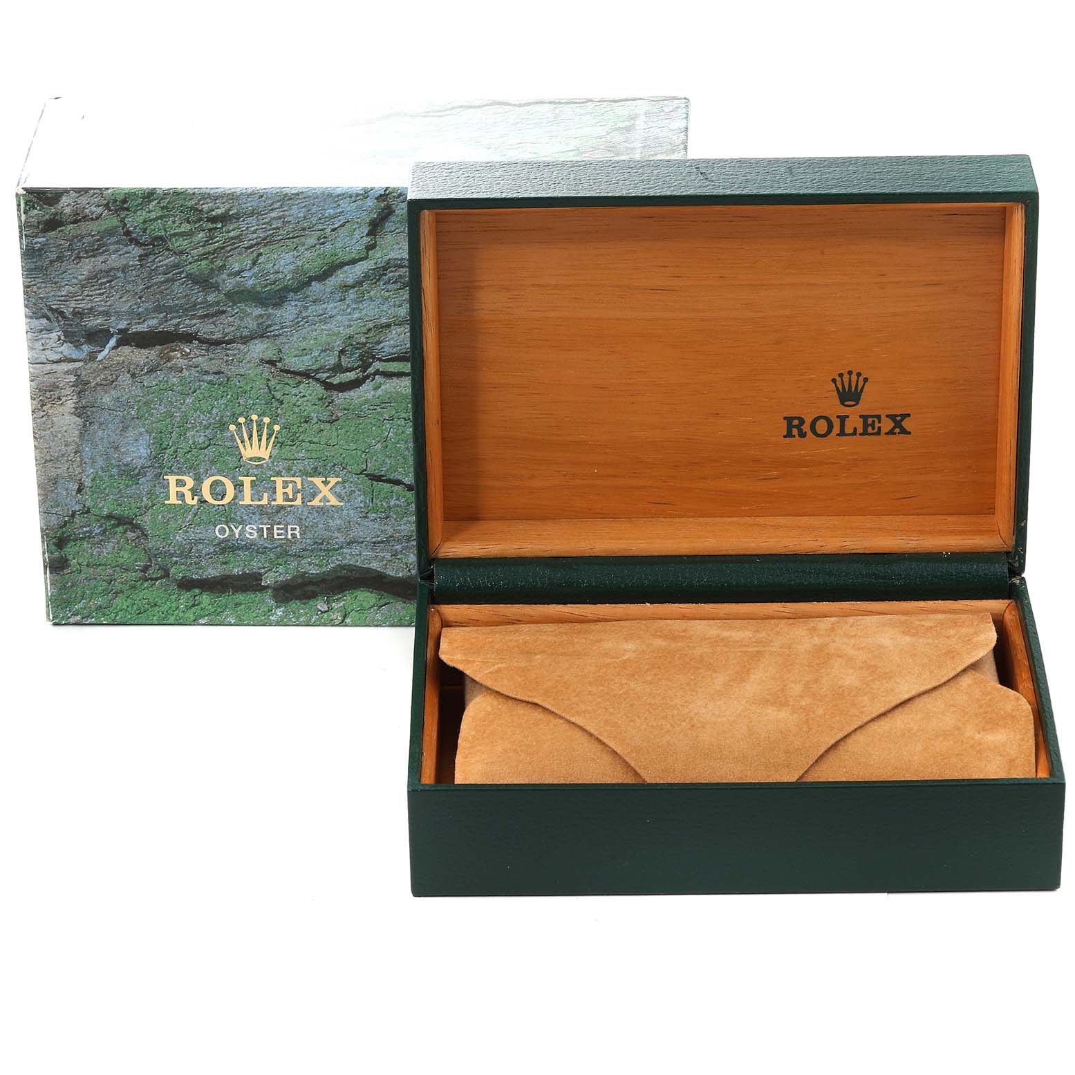 This image shows an open Rolex Date 15210 Men
s Stainless Steel Silver Dial 15210 Men
s Stainless Steel Silver Dial model watch box with a suede pouch inside and its outer green patterned box in the background.