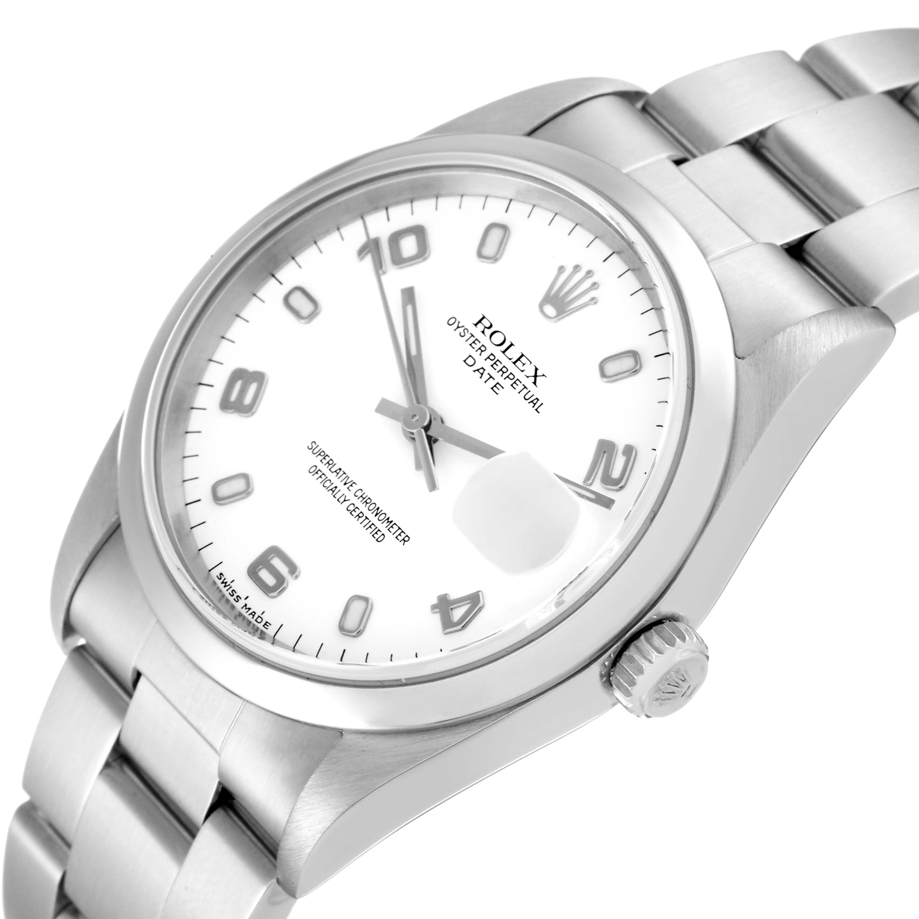 This image shows a close-up view of the Rolex Date 15200 Men's Stainless Steel White Dial 15200 Men's Stainless Steel White Dial watch face, partial bracelet, and crown at a slightly angled perspective.