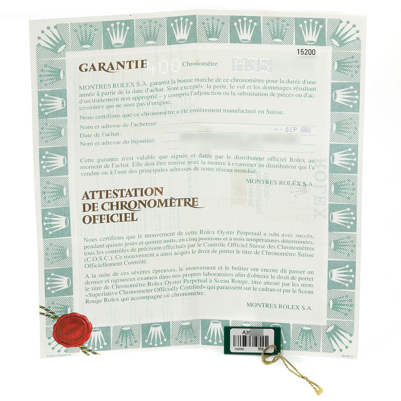 This image shows an official Rolex warranty card and chronometer certification document for a Rolex Date 15200 Men's Stainless Steel White Dial 15200 Men's Stainless Steel White Dial model.