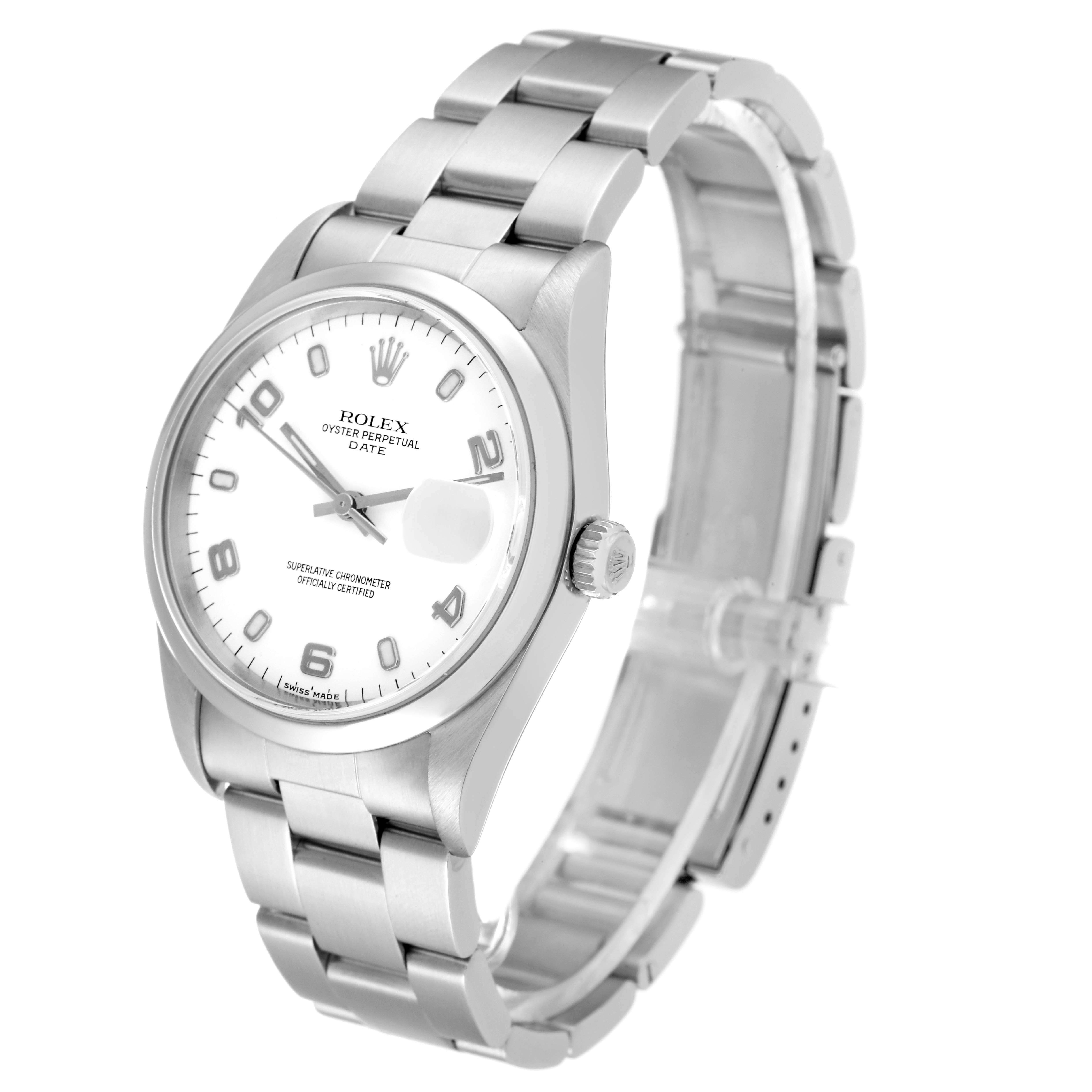 The image shows a side angle of a Rolex Date 15200 Men's Stainless Steel White Dial 15200 Men's Stainless Steel White Dial model watch, highlighting its face, crown, and bracelet.