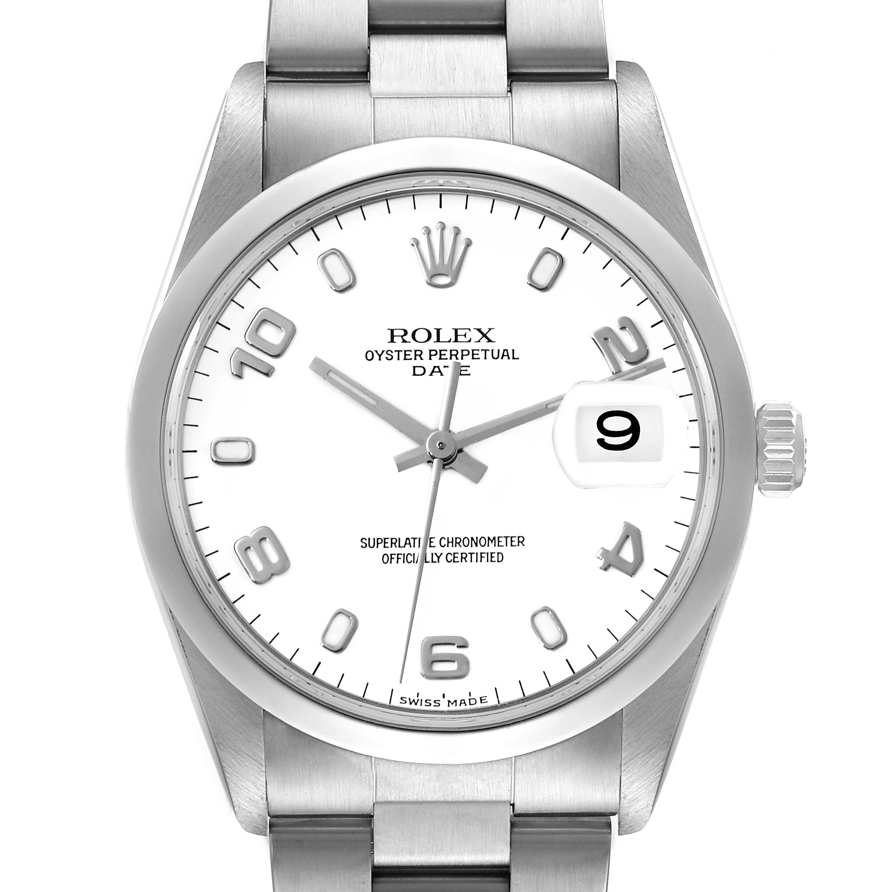The image shows a front view of a Rolex Date 15200 Men's Stainless Steel White Dial 15200 Men's Stainless Steel White Dial model watch, highlighting its face, hour markers, hands, crown, and bracelet.