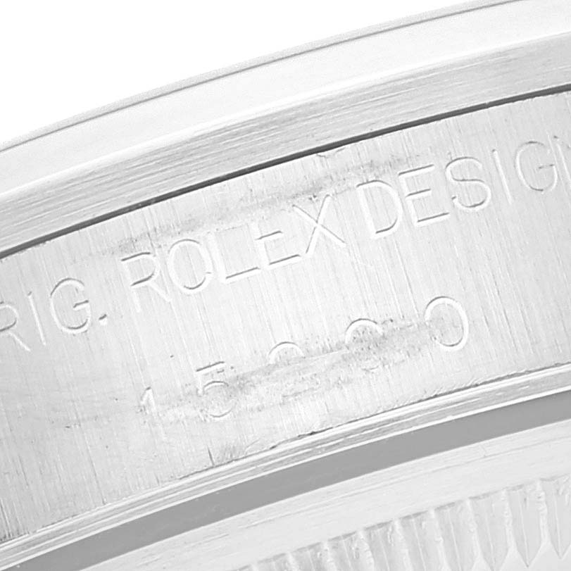 The image shows a close-up of the case side engraving on a Rolex Date 15200 Men's Stainless Steel White Dial 15200 Men's Stainless Steel White Dial model watch.