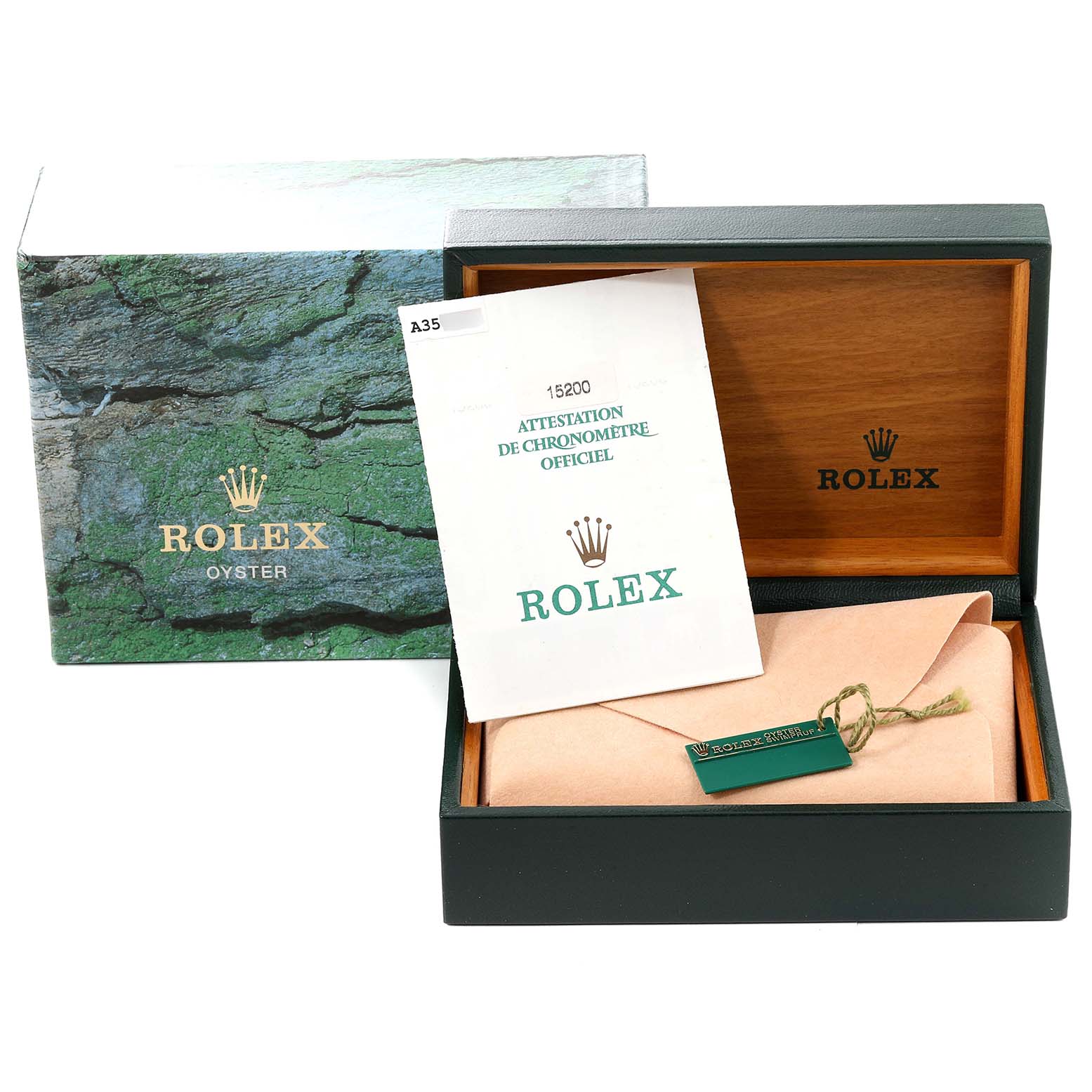 The image shows the packaging, box, and documentation for a Rolex Date 15200 Men's Stainless Steel White Dial 15200 Men's Stainless Steel White Dial model watch.