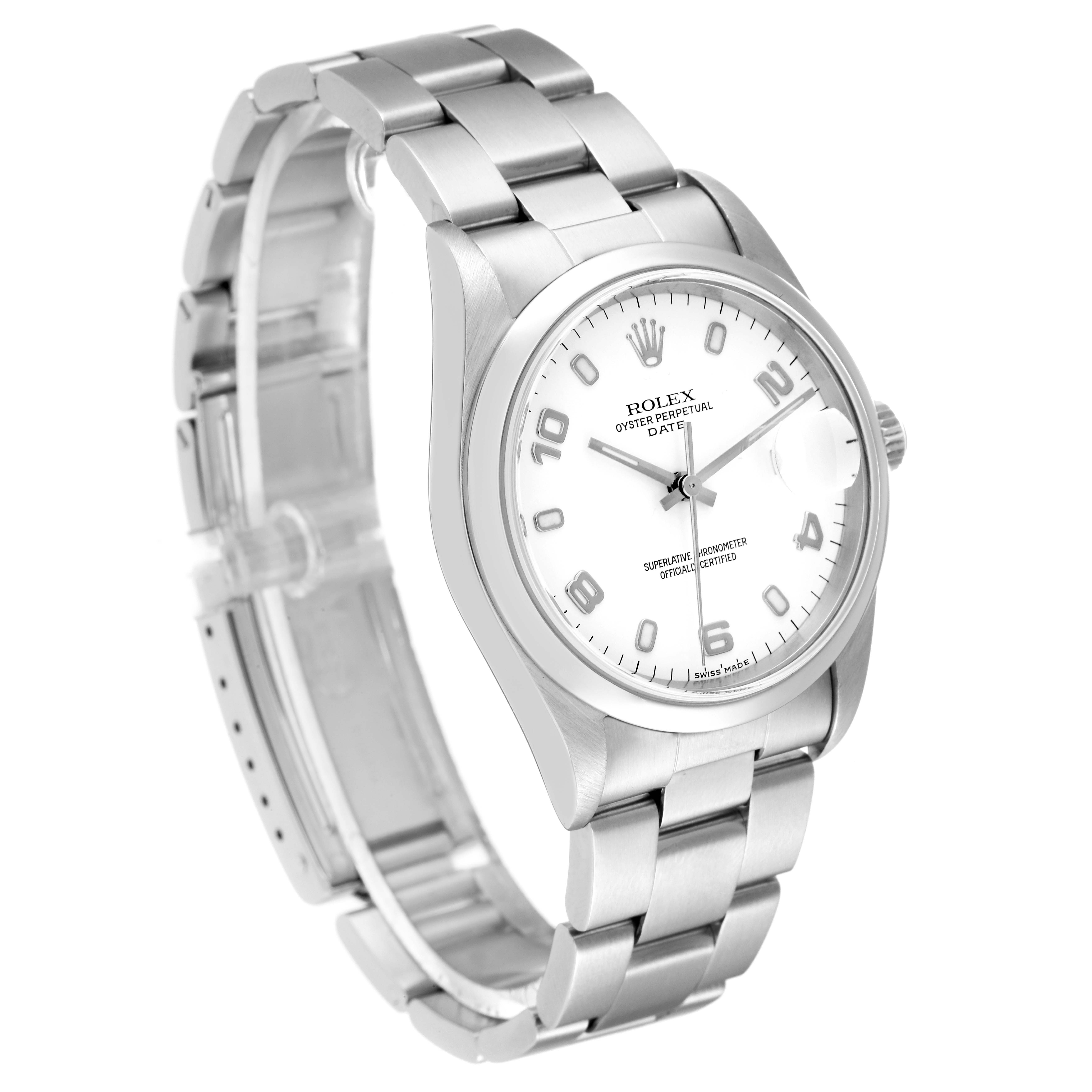 The image shows a Rolex Date 15200 Men's Stainless Steel White Dial 15200 Men's Stainless Steel White Dial watch at a three-quarter angle, displaying the face, bezel, bracelet, and clasp.