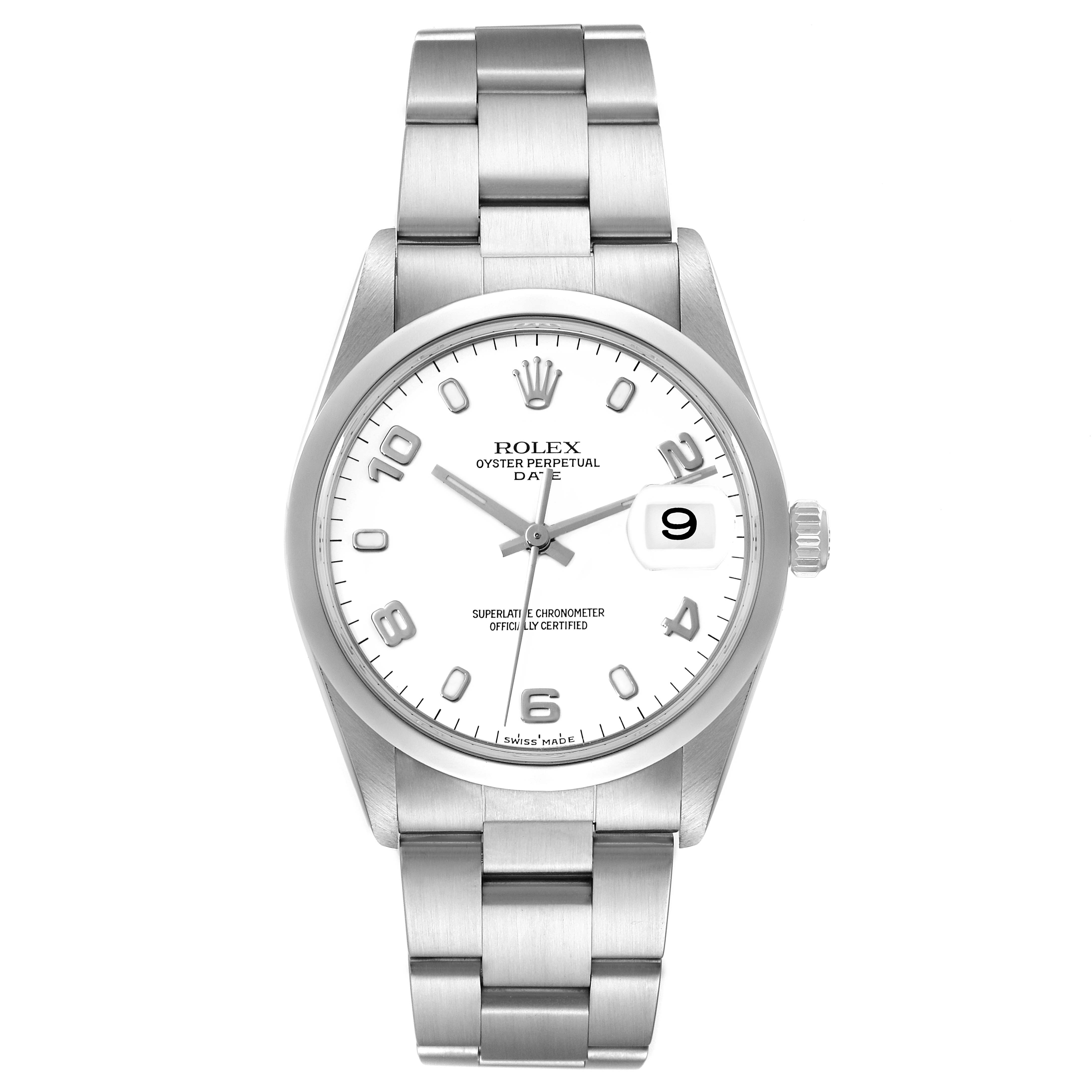 This image shows a front view of a Rolex Date 15200 Men's Stainless Steel White Dial 15200 Men's Stainless Steel White Dial model watch, displaying its dial, hands, hour markers, date window, and stainless steel bracelet.