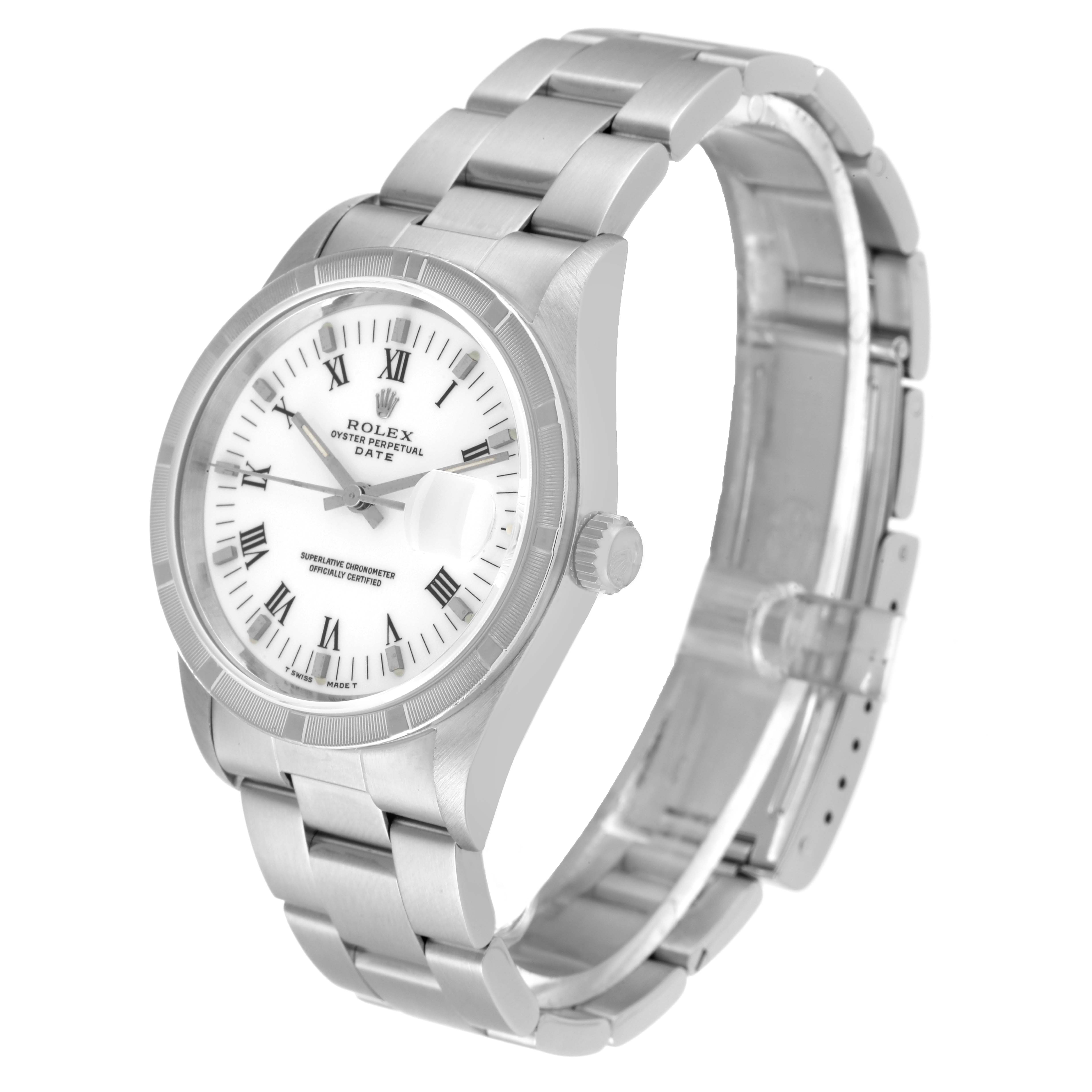 This image shows a Rolex Date 15210 Men's Stainless Steel White Dial 15210 Men's Stainless Steel White Dial model from a three-quarter front angle, highlighting its white dial, Roman numerals, and metal bracelet.