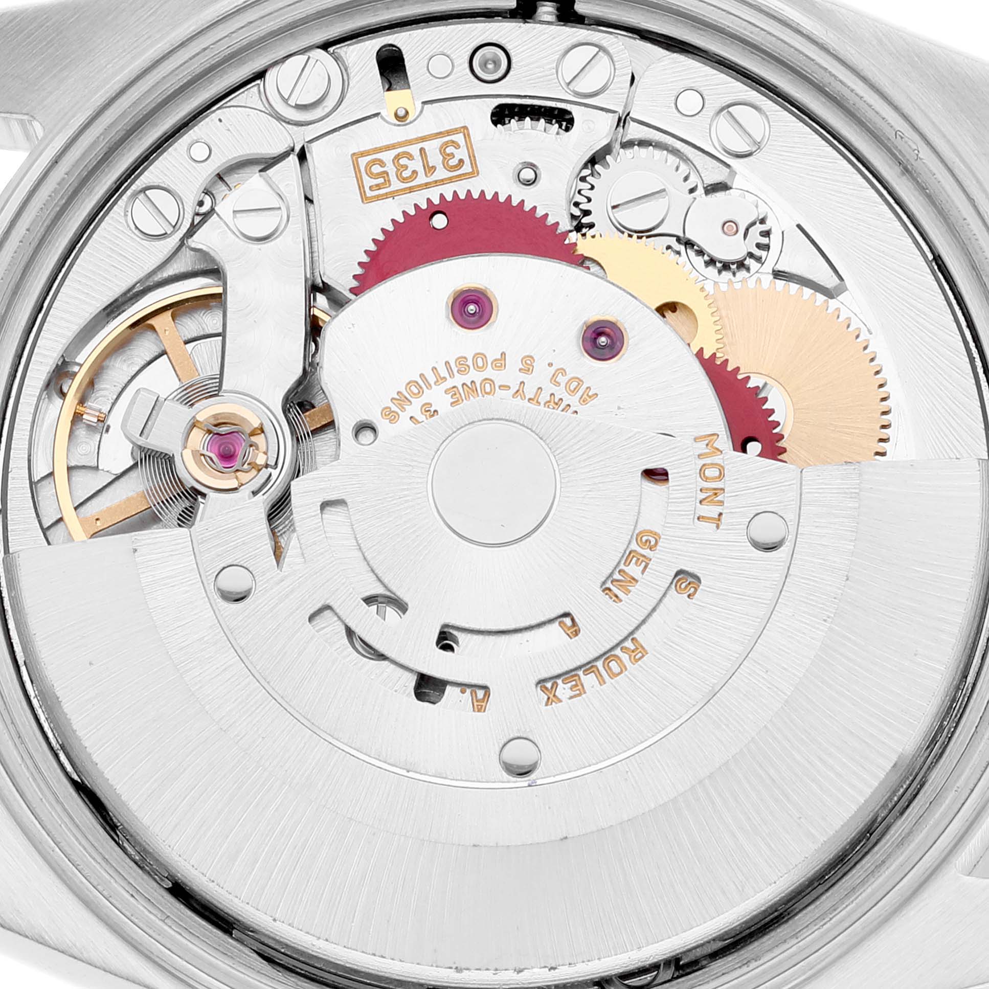 This image shows the inner mechanism of a Rolex Date 15210 Men's Stainless Steel White Dial 15210 Men's Stainless Steel White Dial model watch, viewed from the back, revealing the movement parts and gears.