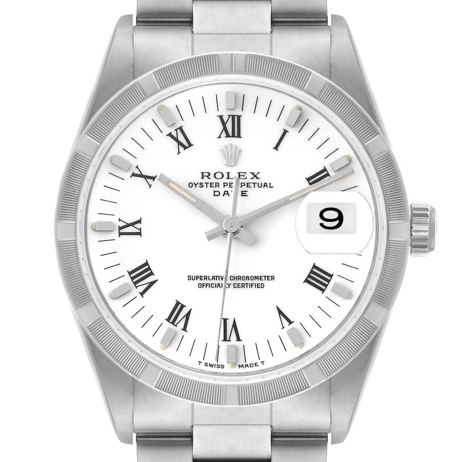 The Rolex Date watch is shown from a front angle, displaying the dial, bezel, crown, and part of the bracelet.