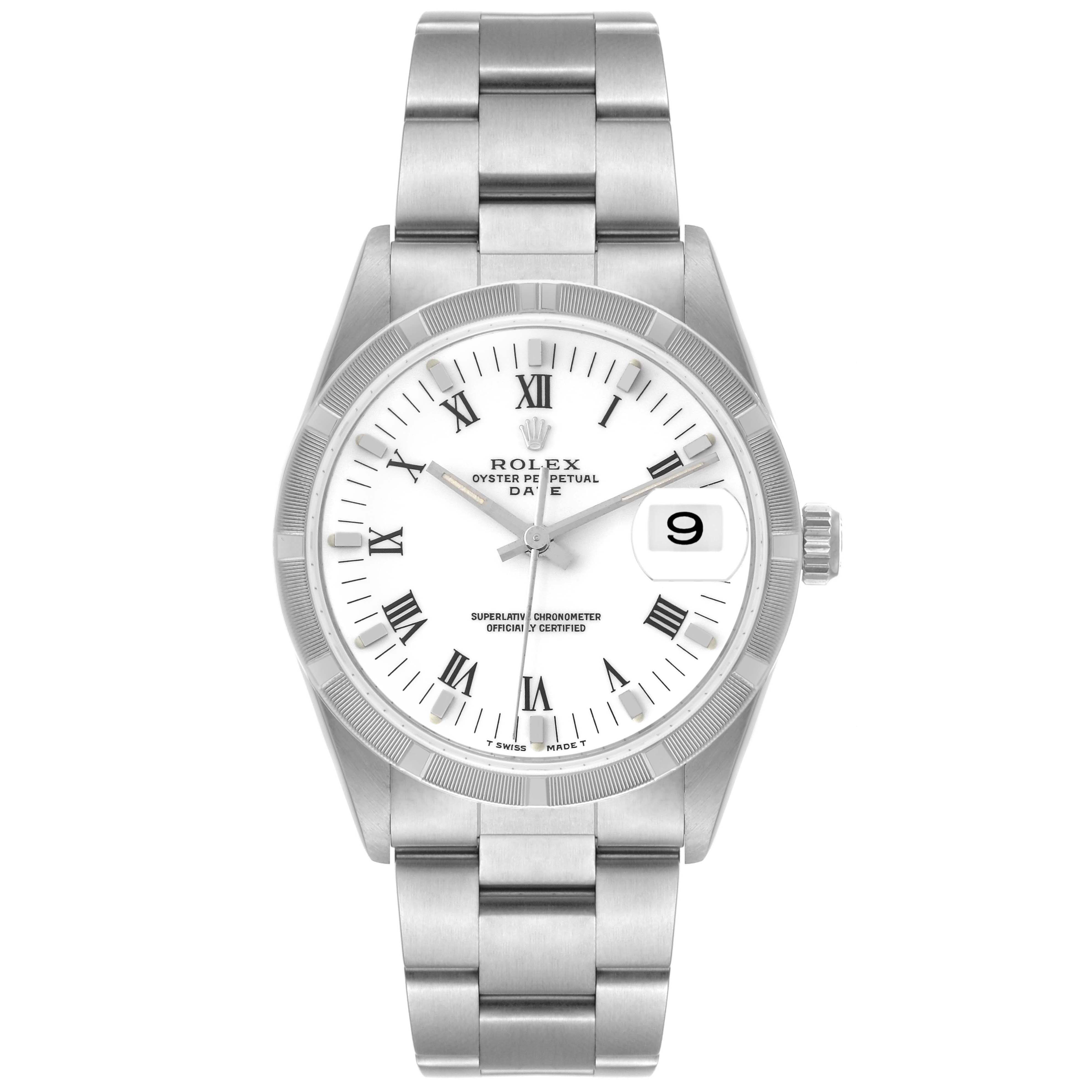 The Rolex Date 15210 Men's Stainless Steel White Dial 15210 Men's Stainless Steel White Dial watch is shown from the front displaying the face, bezel, bracelet, and crown.