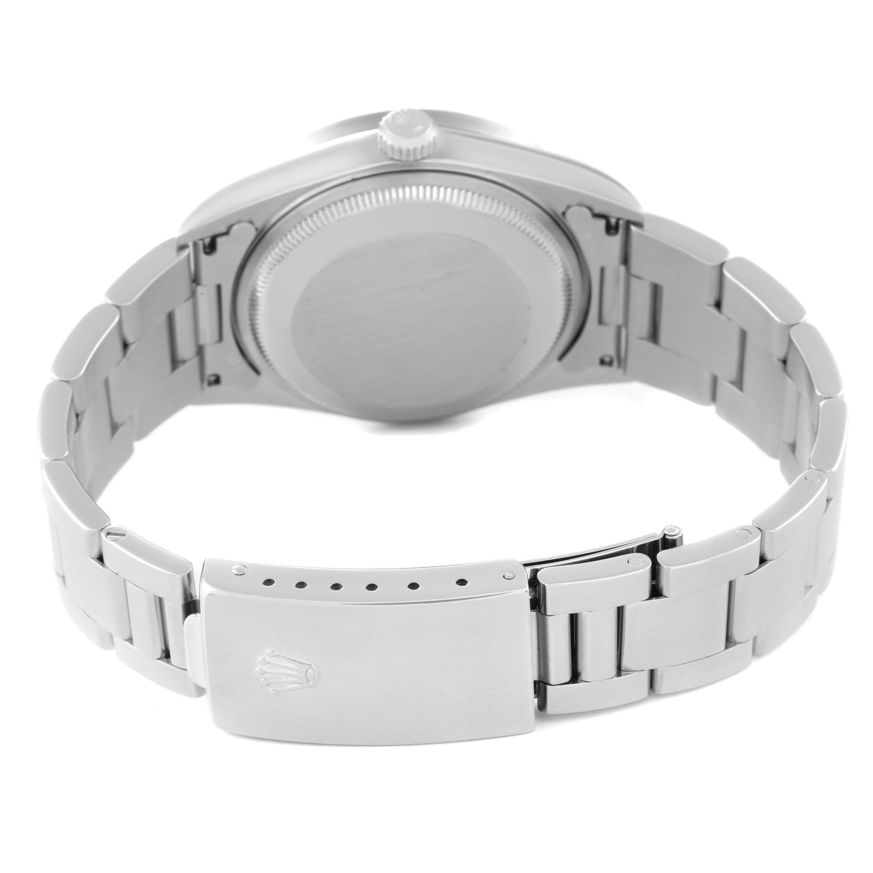 The image shows the back view of a Rolex Date 15210 Men's Stainless Steel White Dial 15210 Men's Stainless Steel White Dial model, focusing on the case back, bracelet, and clasp.