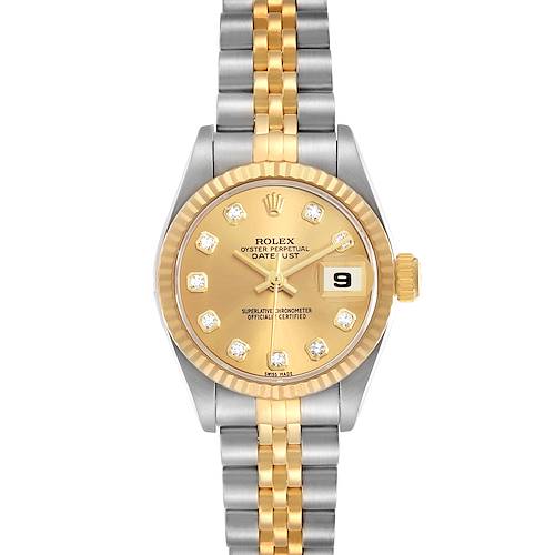 The Rolex Datejust 79173 Women's Stainless Steel Champagne Dial watch is shown from the front, highlighting its gold dial, bezel, and two-tone bracelet.