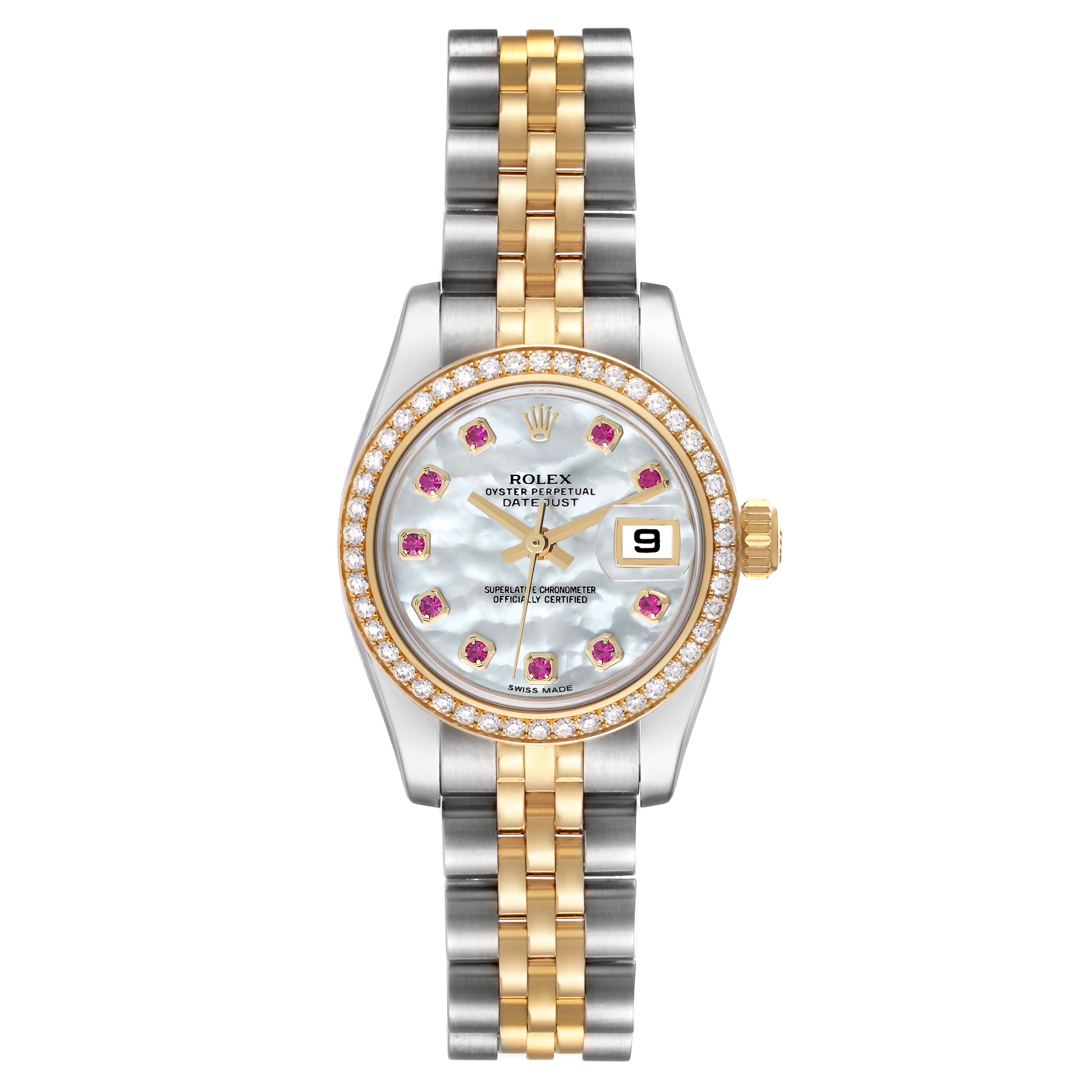 This is a front view of a Rolex Datejust 179383 Women's Steel and Gold (two tone) Mother of Pearl Dial 179383 Women's Steel and Gold (two tone) Mother of Pearl Dial watch showcasing its dial, bezel, crown, and bracelet.