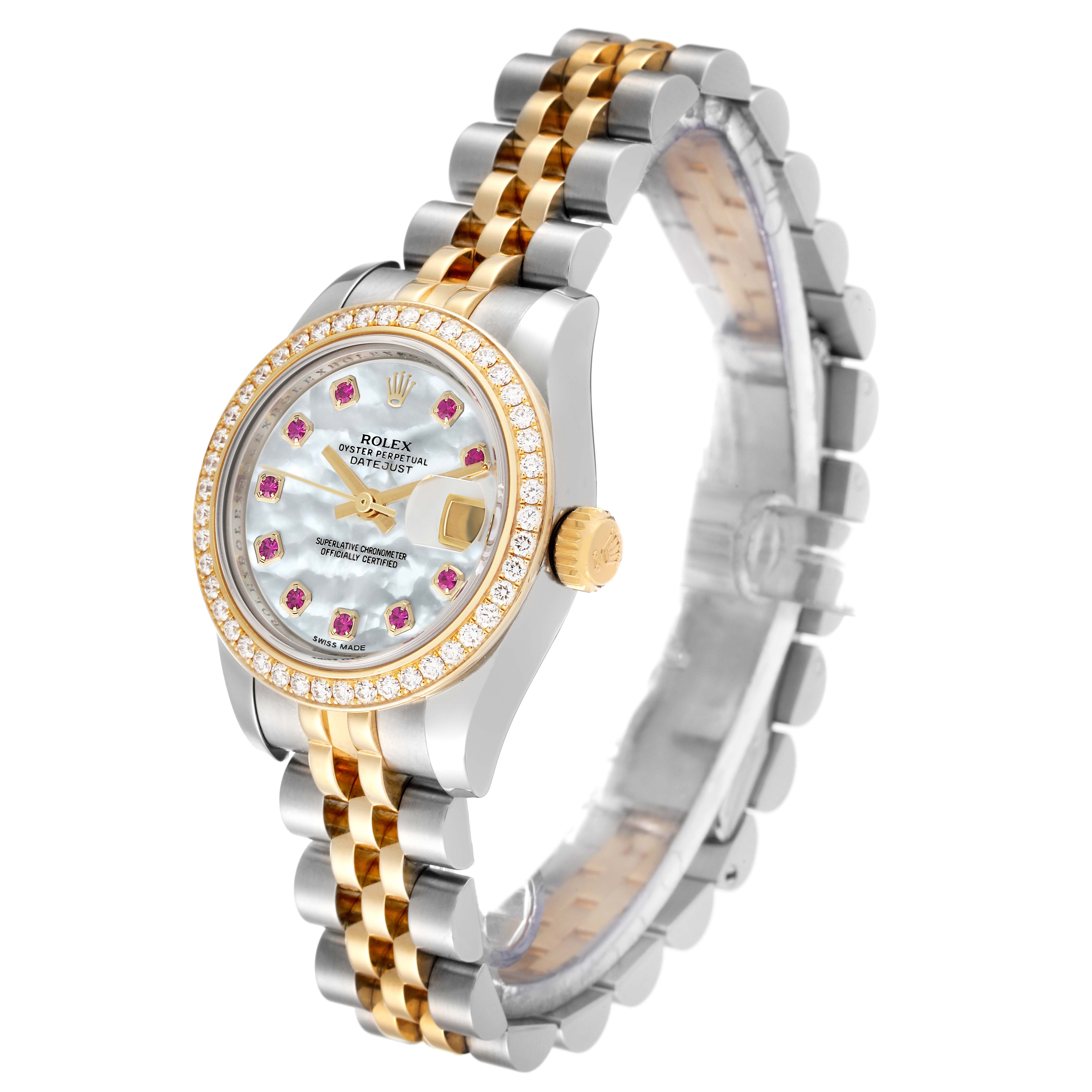 This image shows a Rolex Datejust 179383 Women's Steel and Gold (two tone) Mother of Pearl Dial 179383 Women's Steel and Gold (two tone) Mother of Pearl Dial model watch at an angle showcasing its dial, bezel, crown, and bracelet.