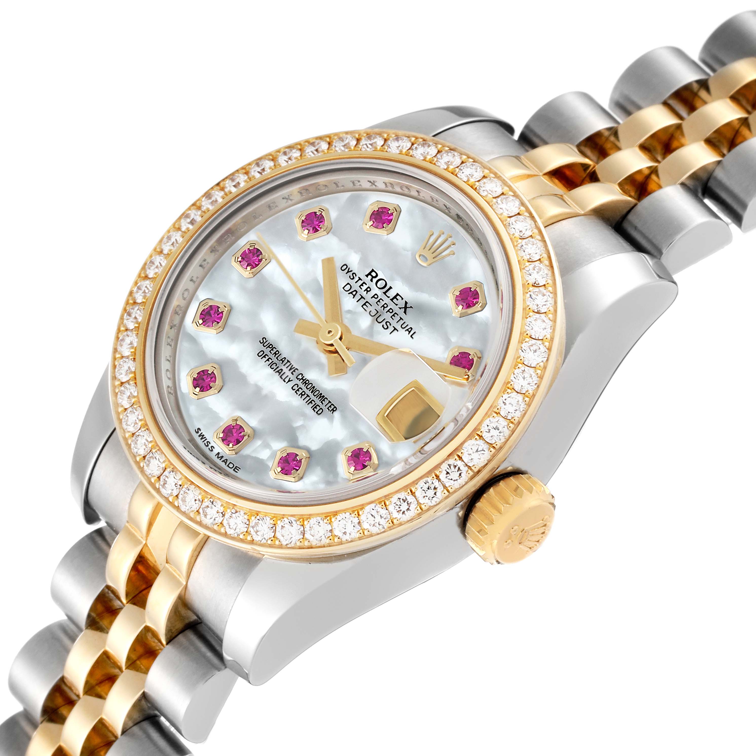 This image shows a close-up of the Rolex Datejust 179383 Women's Steel and Gold (two tone) Mother of Pearl Dial 179383 Women's Steel and Gold (two tone) Mother of Pearl Dial watch face, crown, bezel, and part of the bracelet at an angle.