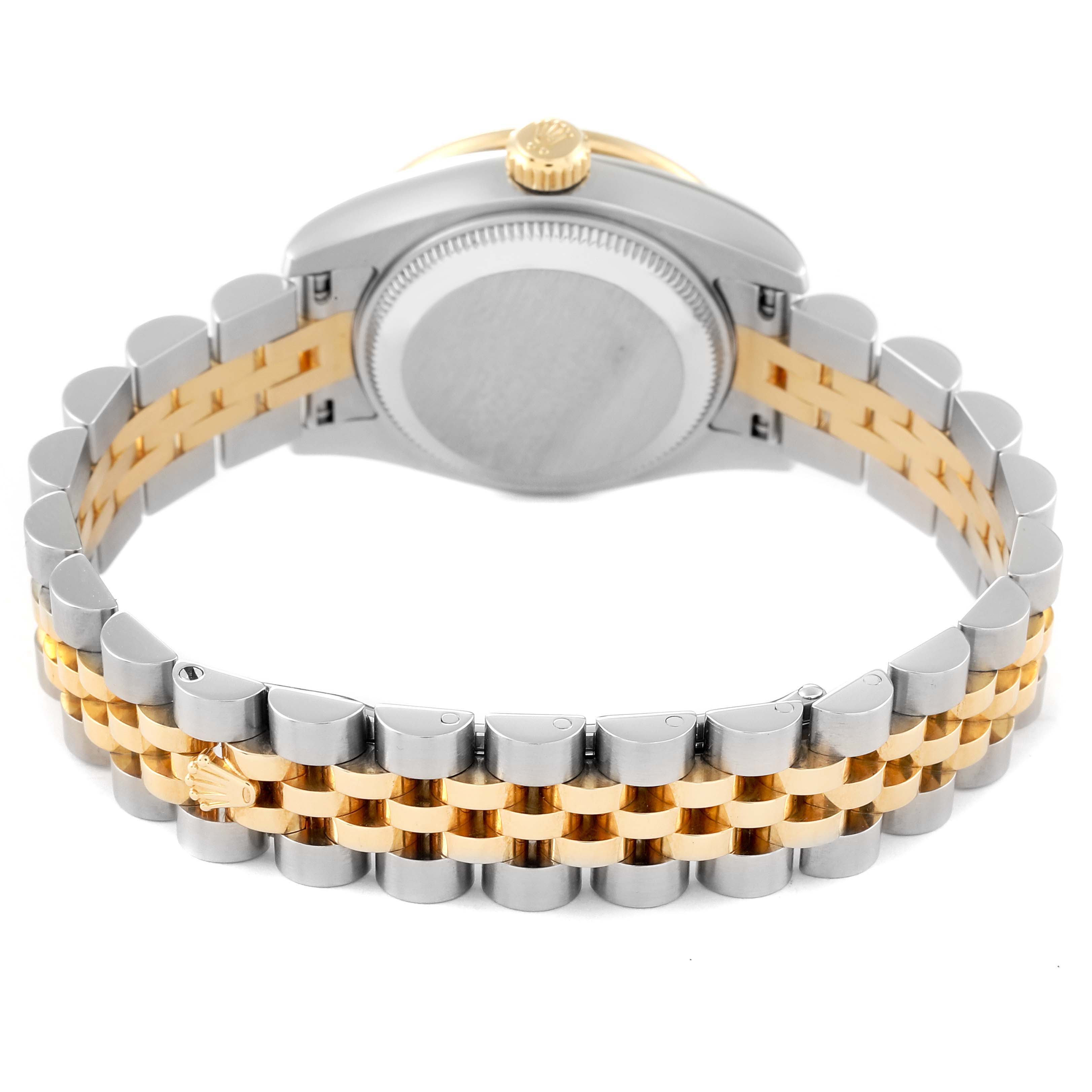 The image shows the back view of the Rolex Datejust 179383 Women's Steel and Gold (two tone) Mother of Pearl Dial 179383 Women's Steel and Gold (two tone) Mother of Pearl Dial watch, focusing on its metal and gold bracelet and the case back.