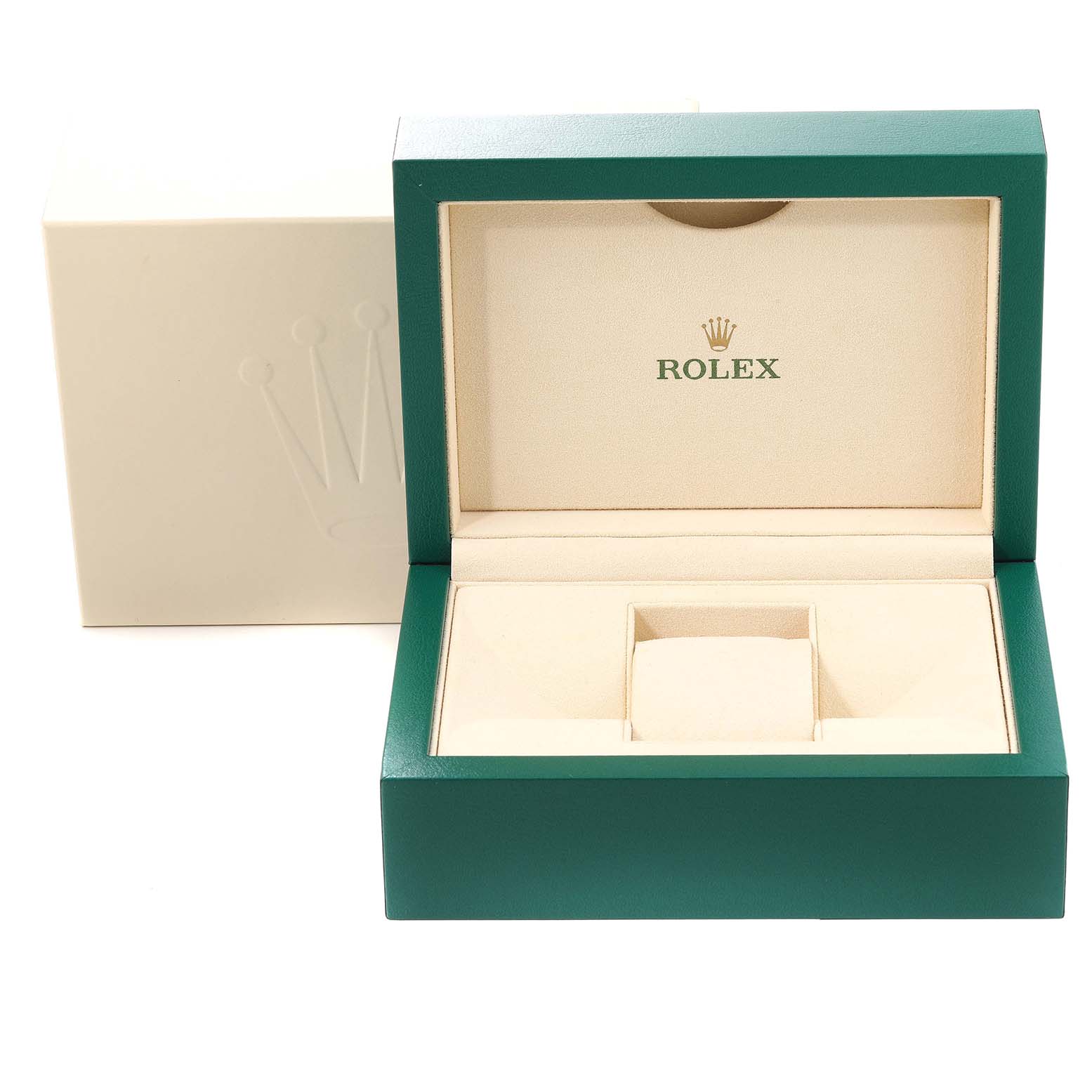 The image shows an open Rolex Datejust 179383 Women's Steel and Gold (two tone) Mother of Pearl Dial 179383 Women's Steel and Gold (two tone) Mother of Pearl Dial watch box with a green edge and beige interior, displaying the Rolex logo.