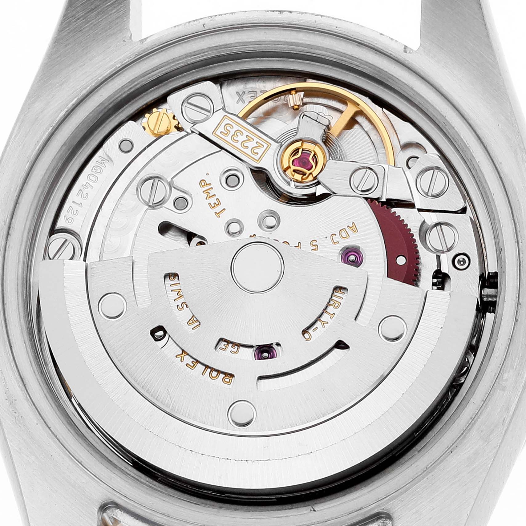 The image shows the movement mechanism of a Rolex Datejust 179383 Women's Steel and Gold (two tone) Mother of Pearl Dial 179383 Women's Steel and Gold (two tone) Mother of Pearl Dial watch from a back angle without the case back.