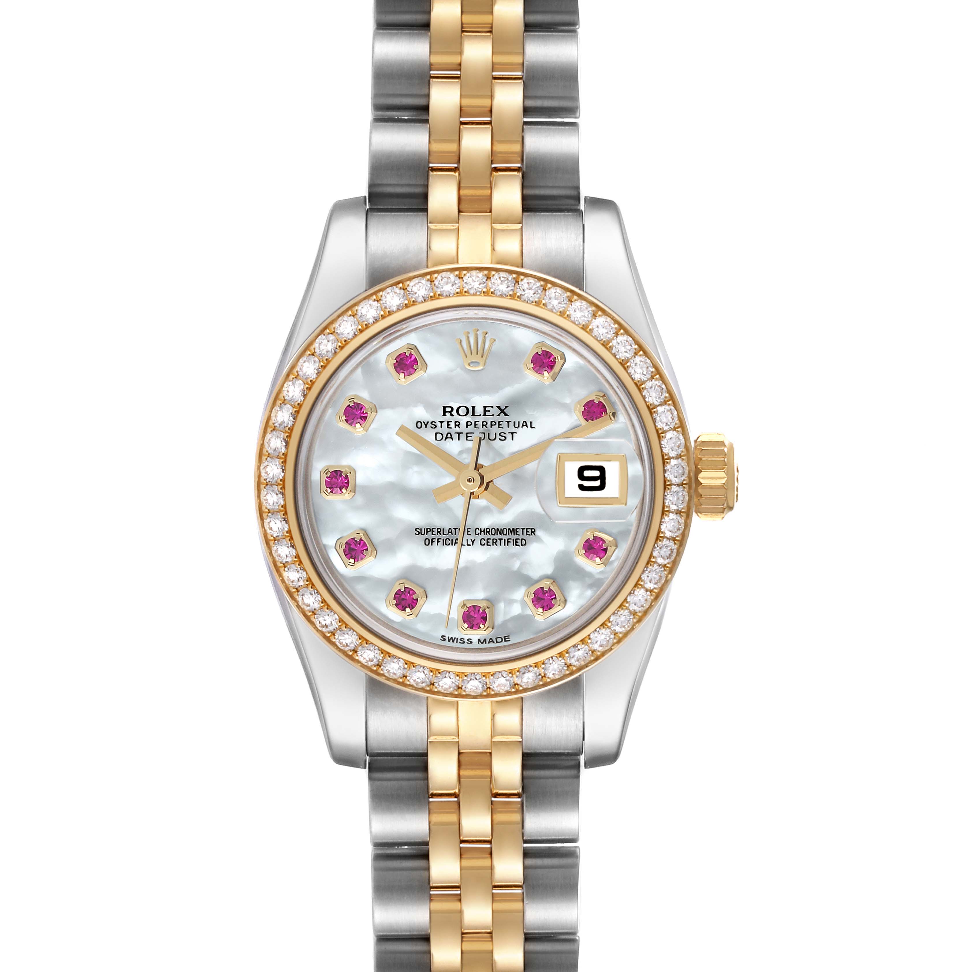 This image shows a front view of a Rolex Datejust 179383 Women's Steel and Gold (two tone) Mother of Pearl Dial 179383 Women's Steel and Gold (two tone) Mother of Pearl Dial watch, highlighting the dial, bezel, case, and bracelet.