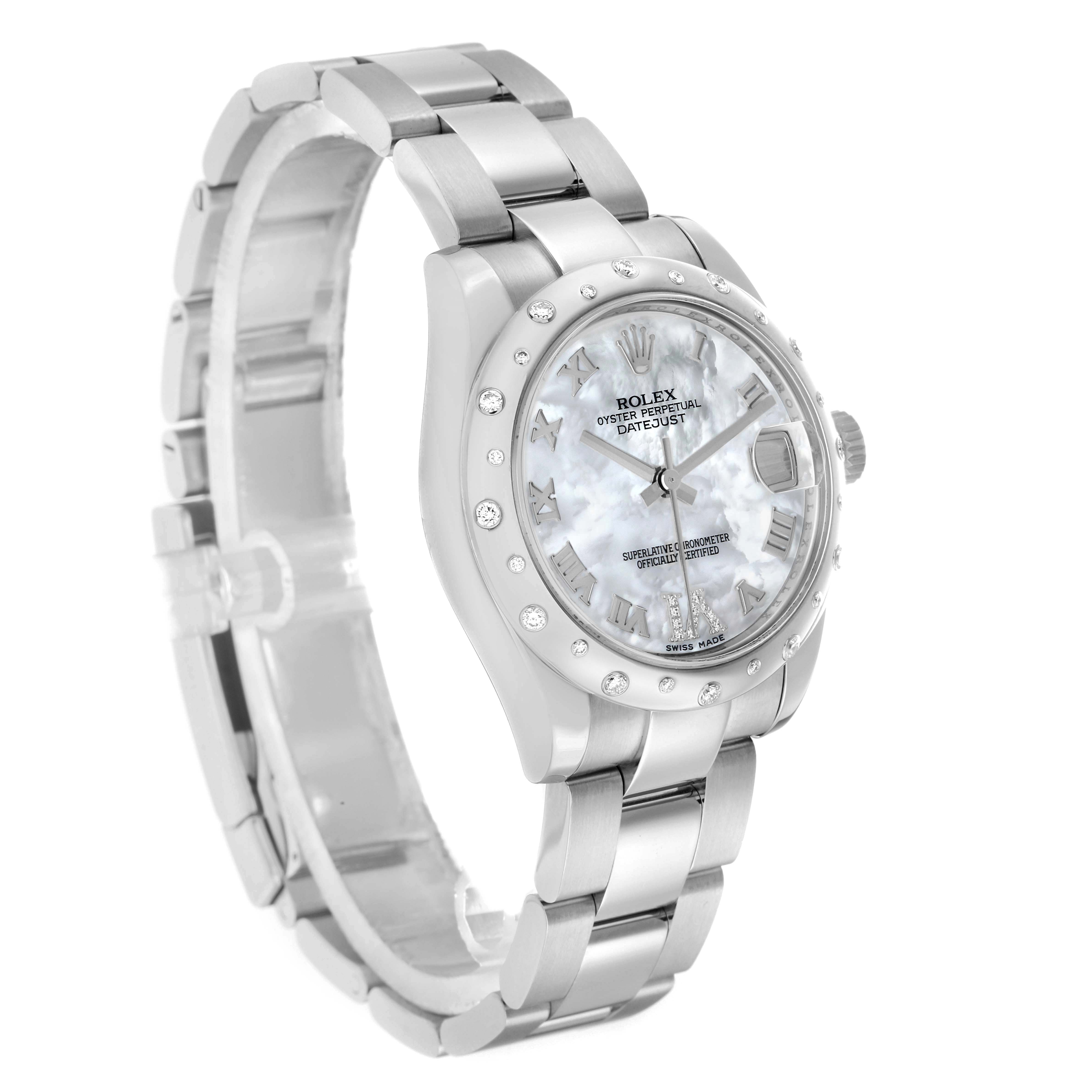 The Rolex Mid-Size 178344 Women's Stainless Steel Mother of Pearl Dial watch is shown at a three-quarter angle, highlighting the bezel, bracelet, and dial.