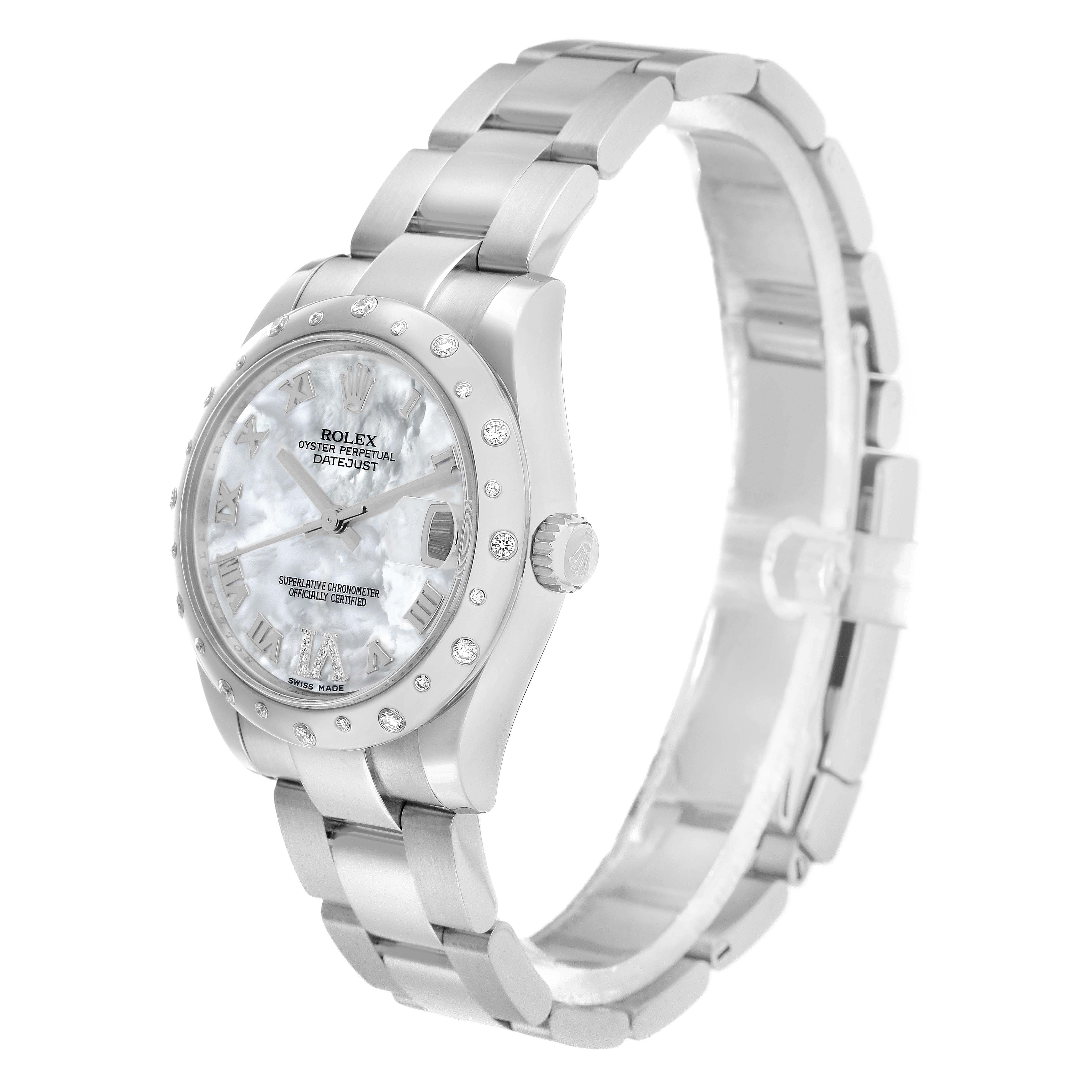 The Rolex Mid-Size 178344 Women's Stainless Steel Mother of Pearl Dial watch is shown at a side angle, displaying the face, bezel, crown, and bracelet.
