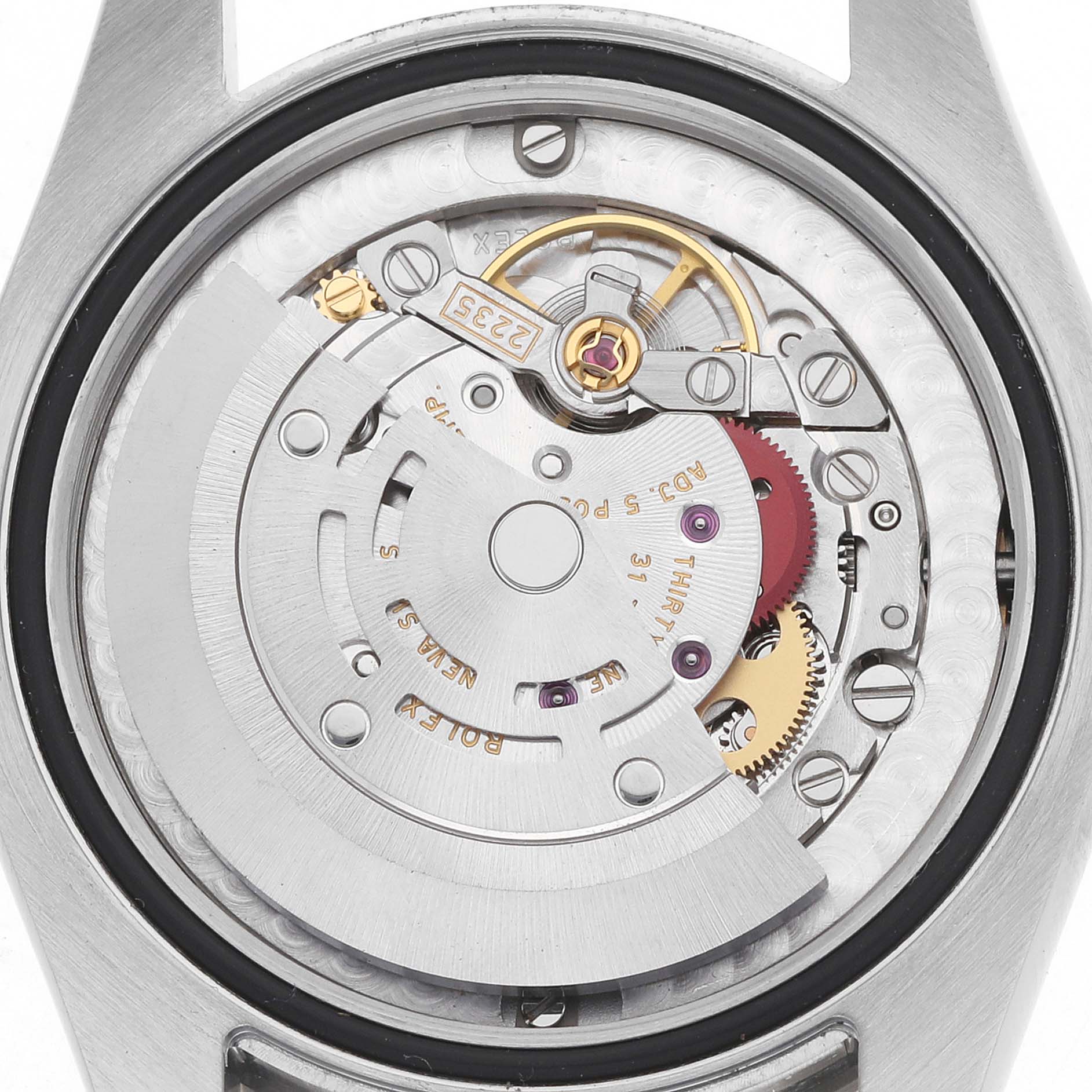 The image shows the back view of a Rolex Mid-Size 178344 Women
s Stainless Steel Mother of Pearl Dial model, displaying its intricate internal movement.