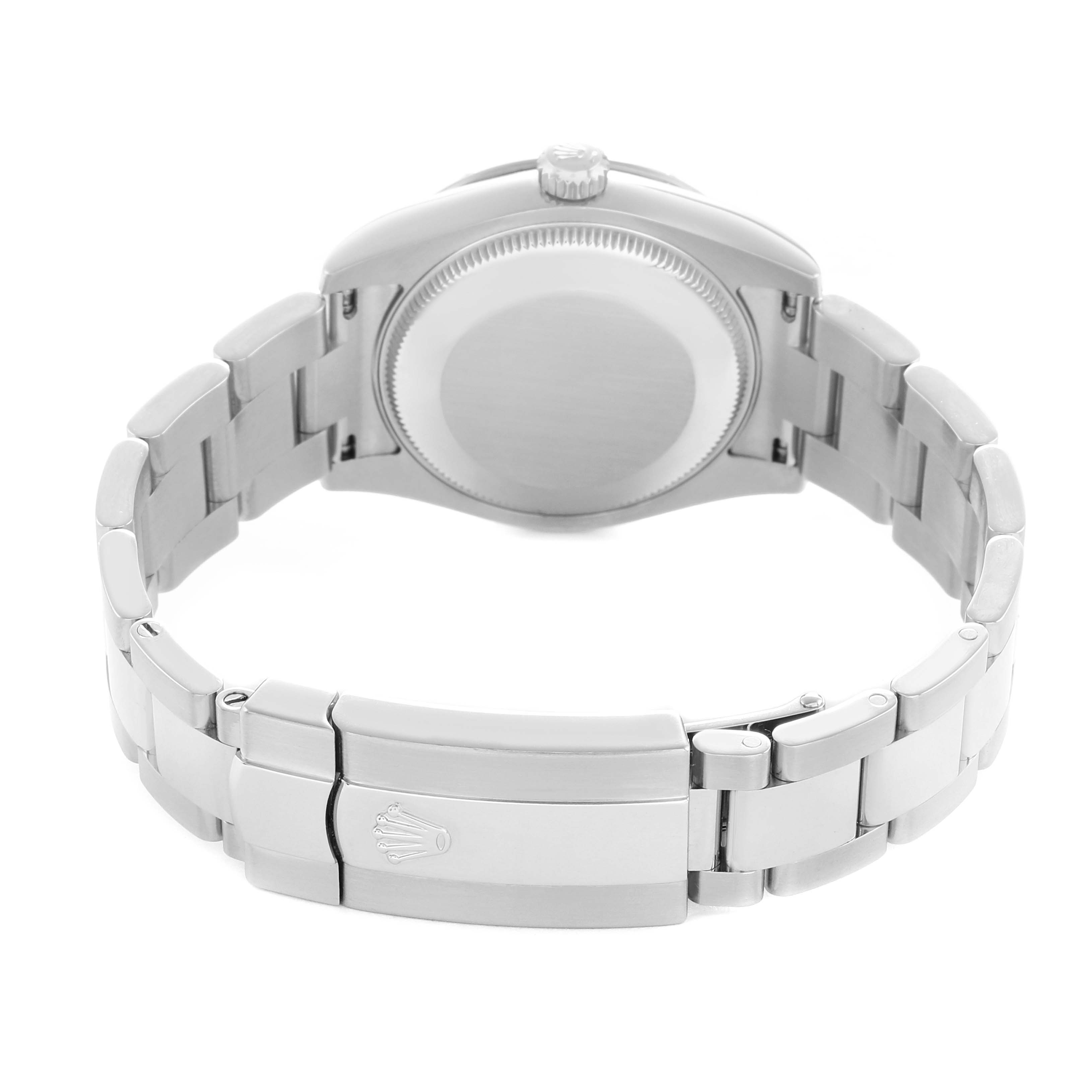 The image shows the back view of a Rolex Mid-Size 178344 Women
s Stainless Steel Mother of Pearl Dial watch, highlighting the bracelet and clasp.