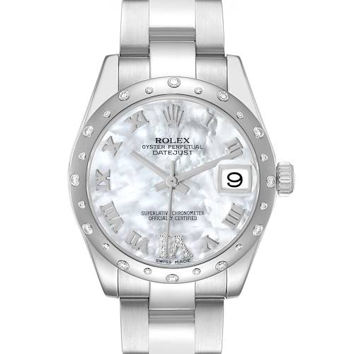 The Rolex Mid-Size 178344 Women's Stainless Steel Mother of Pearl Dial watch is shown from a front angle, displaying the dial, bezel, and bracelet links.