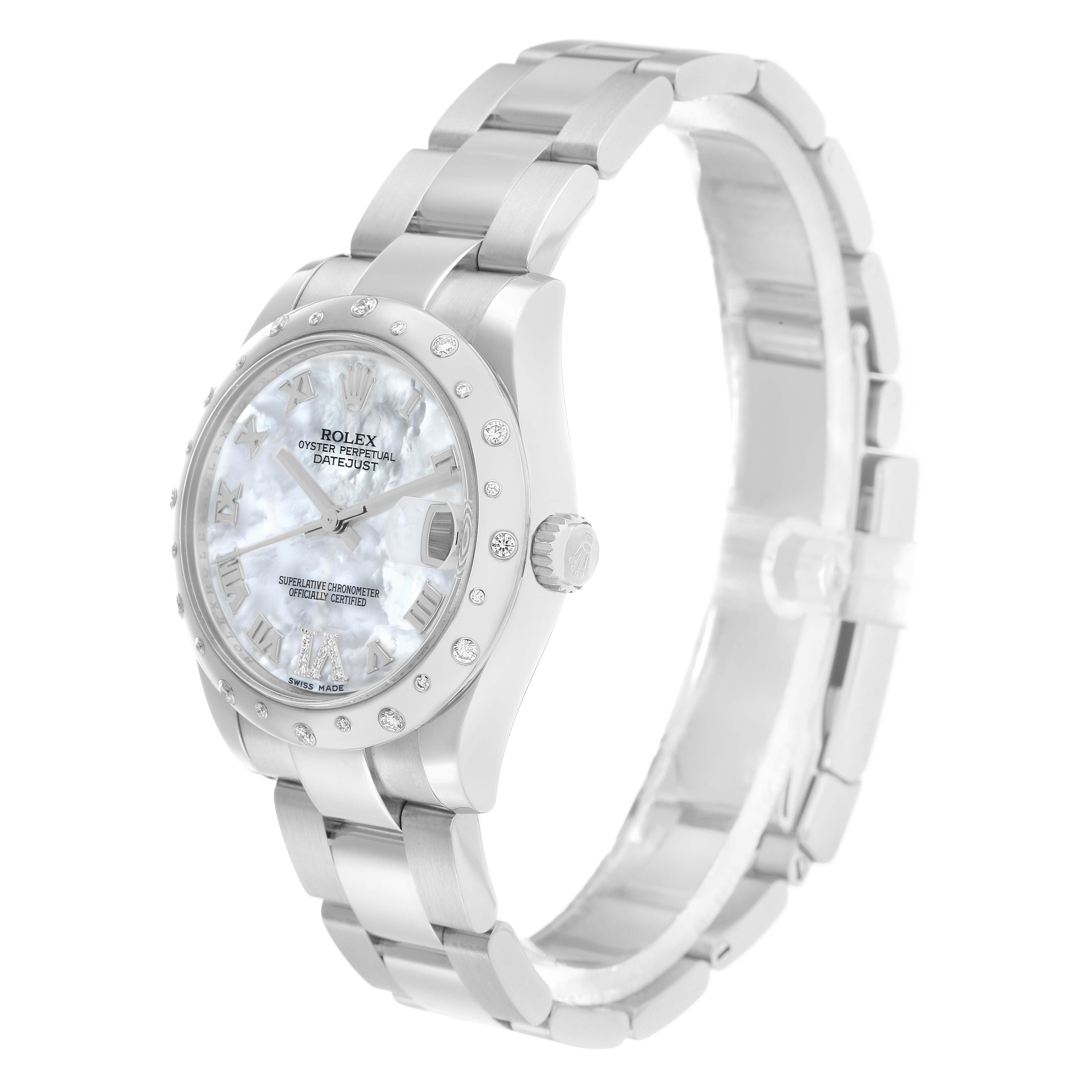 The Rolex Mid-Size 178344 Women
s Stainless Steel Mother of Pearl Dial watch is shown at a three-quarter angle, highlighting the face, bezel, crown, and part of the bracelet.