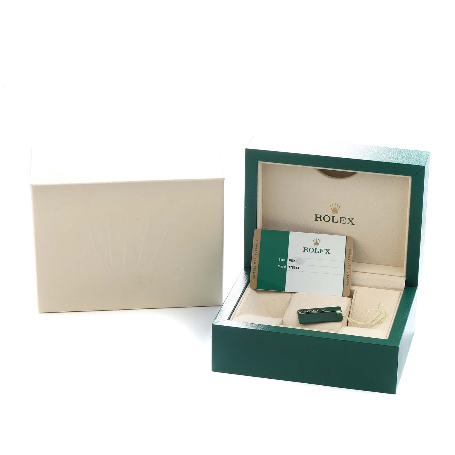 The image shows a Rolex Mid-Size 178344 Women
s Stainless Steel Mother of Pearl Dial model box with an open lid, showcasing the warranty card and accessories from a side angle.