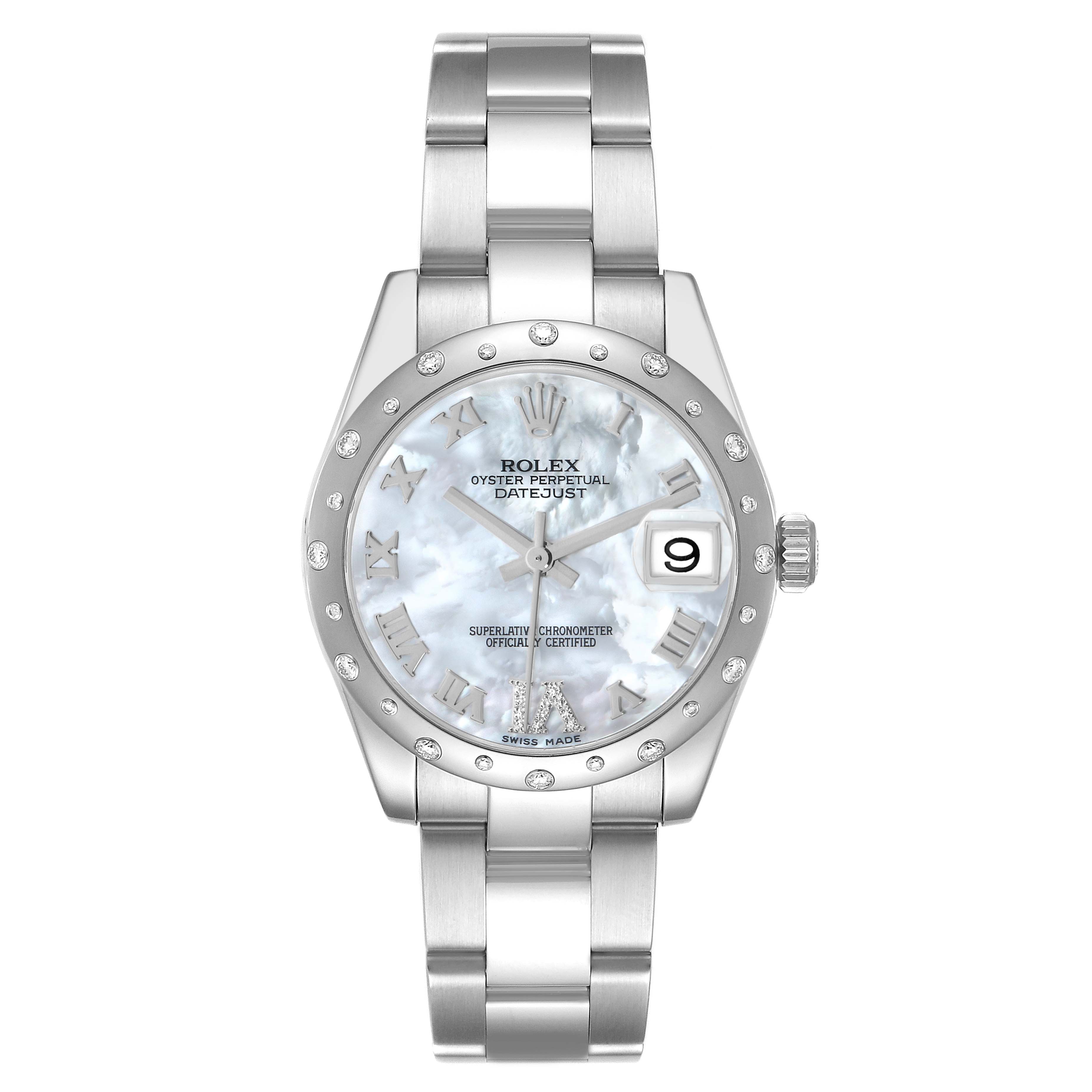 The Rolex Datejust Mid-Size watch is shown from a front view, displaying the dial, bezel, bracelet, and date window.