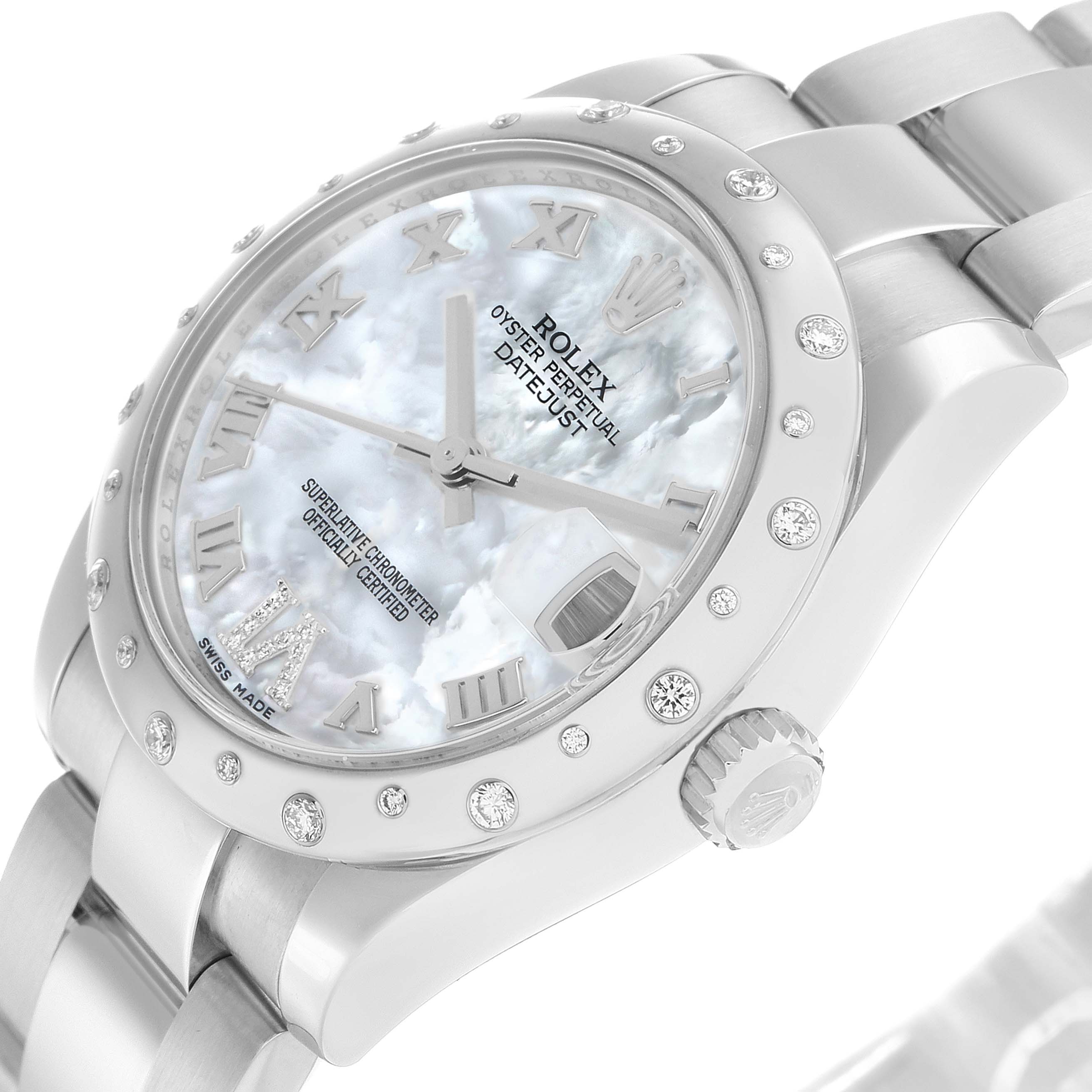 The Rolex Mid-Size 178344 Women
s Stainless Steel Mother of Pearl Dial watch is shown at an angled view highlighting the face, bezel, bracelet, and crown.