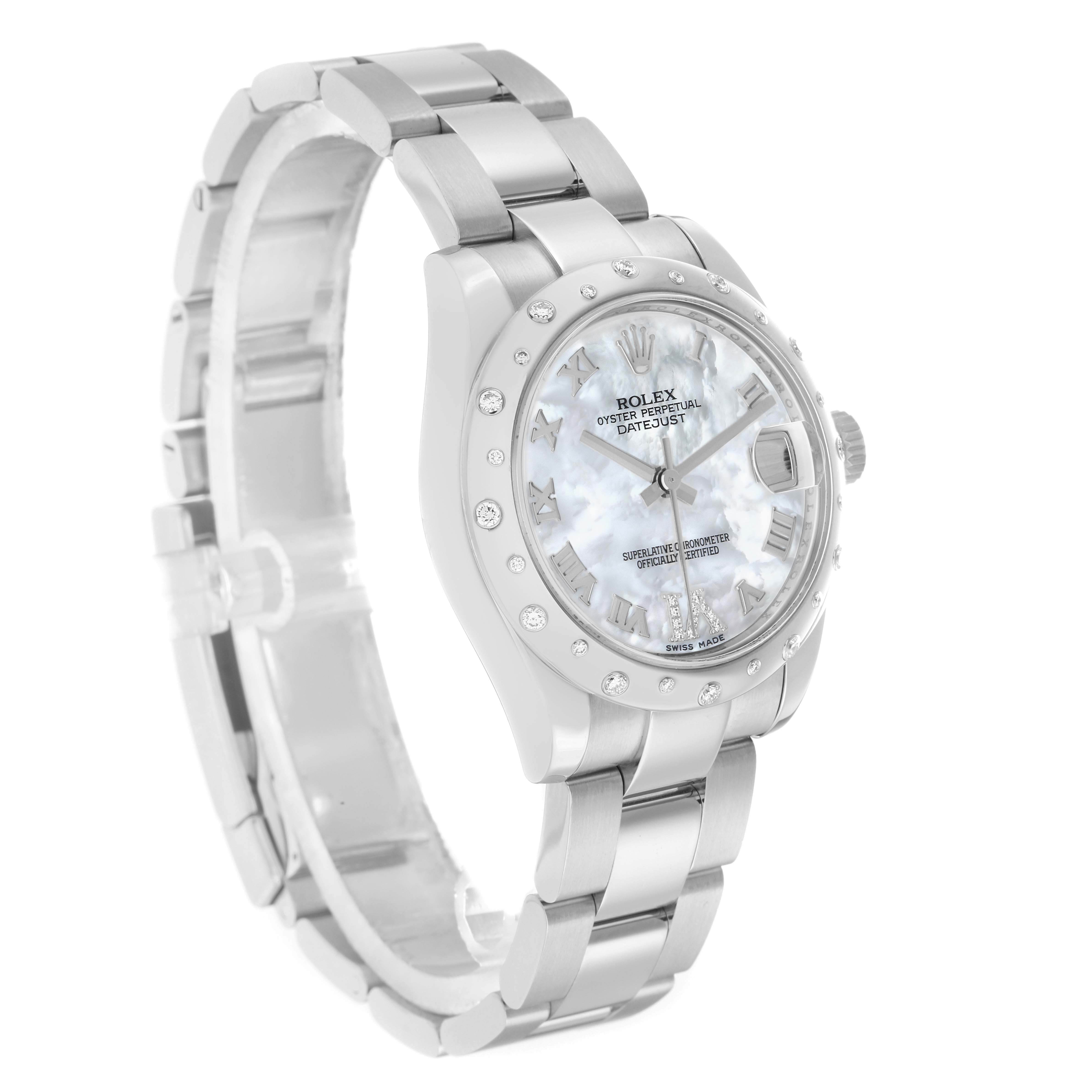 The Rolex Mid-Size 178344 Women
s Stainless Steel Mother of Pearl Dial model is shown at a slight angle, highlighting the face, bezel, lugs, bracelet, and crown.