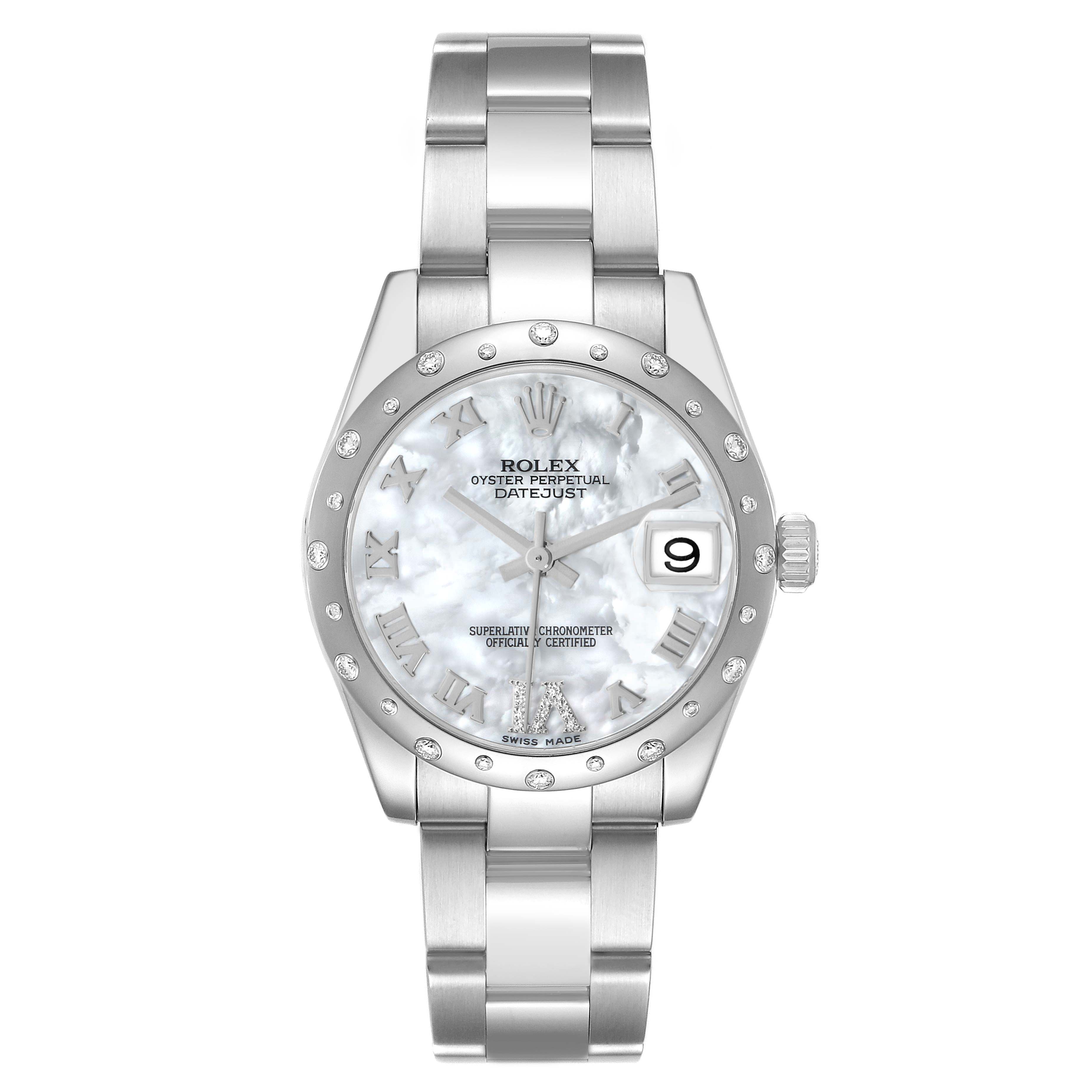 The Rolex Mid-Size 178344 Women's Stainless Steel Mother of Pearl Dial Datejust is shown from a frontal angle, highlighting the dial, bezel, and bracelet.