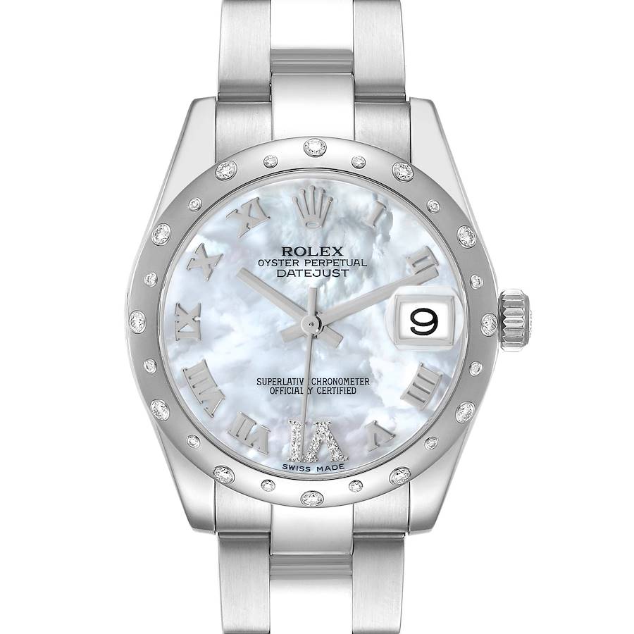 The Rolex Mid-Size 178344 Women's Stainless Steel Mother of Pearl Dial Datejust is shown from a top angle, highlighting the dial, bezel, and part of the bracelet.