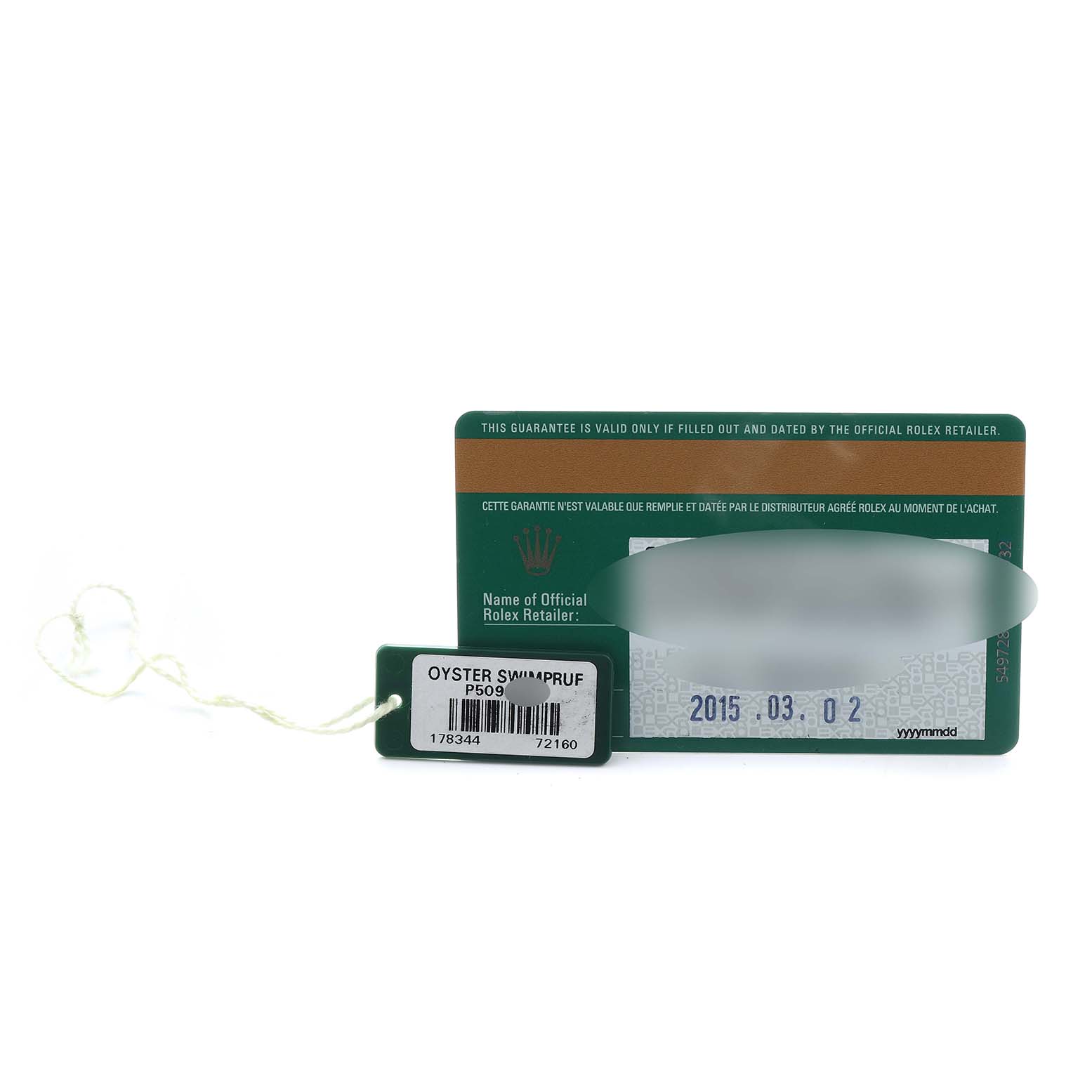 The image shows a warranty card and green tag for a Rolex Mid-Size 178344 Women
s Stainless Steel Mother of Pearl Dial watch, displayed from the front.