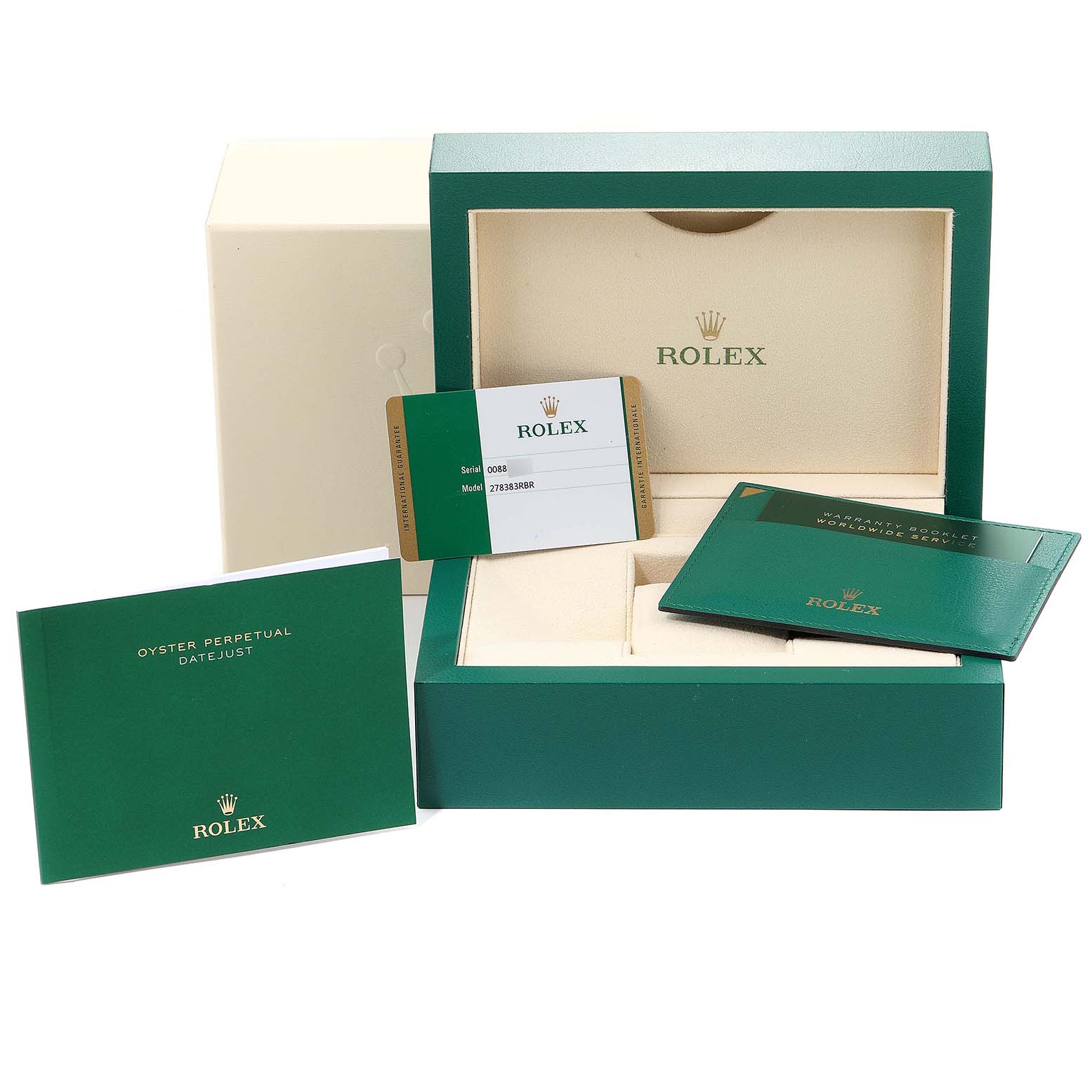 The image shows the packaging, warranty card, and booklets for a Mid-Size Rolex Oyster Perpetual Datejust.