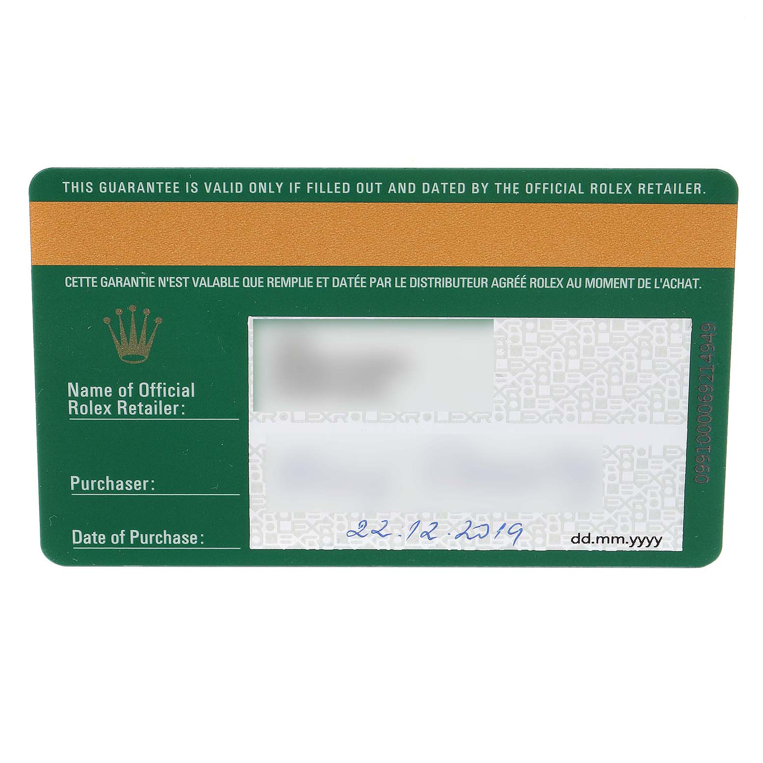 This image shows the warranty card for a Rolex Mid-Size 278383 Women
s Steel and Gold (two tone) Champagne Dial 278383 Women
s Steel and Gold (two tone) Champagne Dial model, including retailer, purchaser, and date of purchase information.