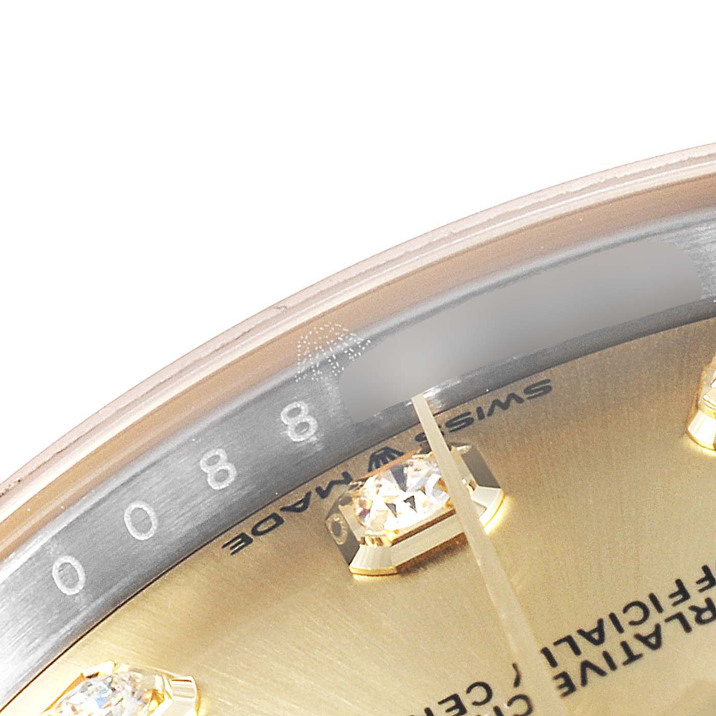 This image shows a close-up of the bezel, dial, and diamond hour markers of a Rolex Mid-Size 278383 Women
s Steel and Gold (two tone) Champagne Dial 278383 Women
s Steel and Gold (two tone) Champagne Dial model watch.