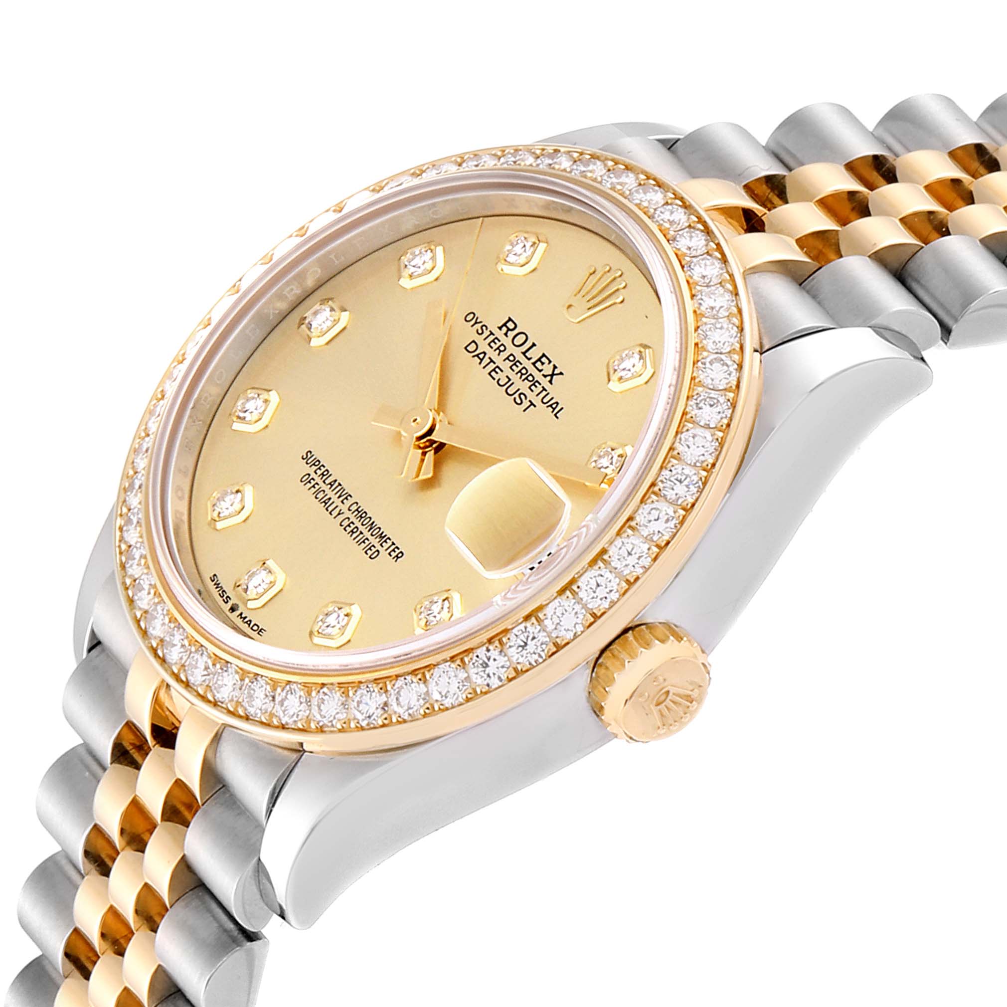 The image shows a close-up angled view of the face, crown, and bracelet of a Mid-Size Rolex Datejust watch.