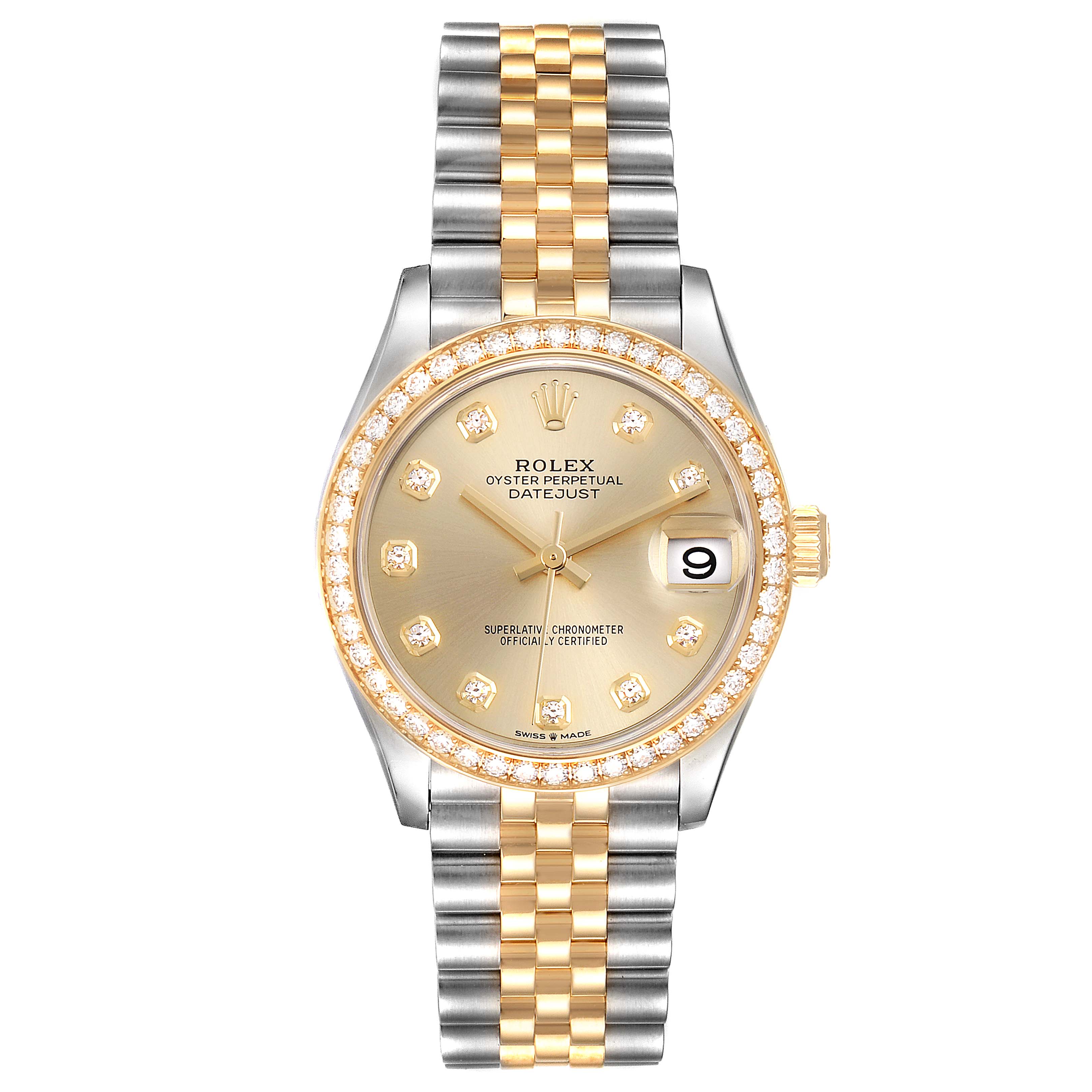 The image shows a front view of a Rolex Oyster Perpetual Datejust Mid-Size watch with a two-tone bracelet and diamond bezel.