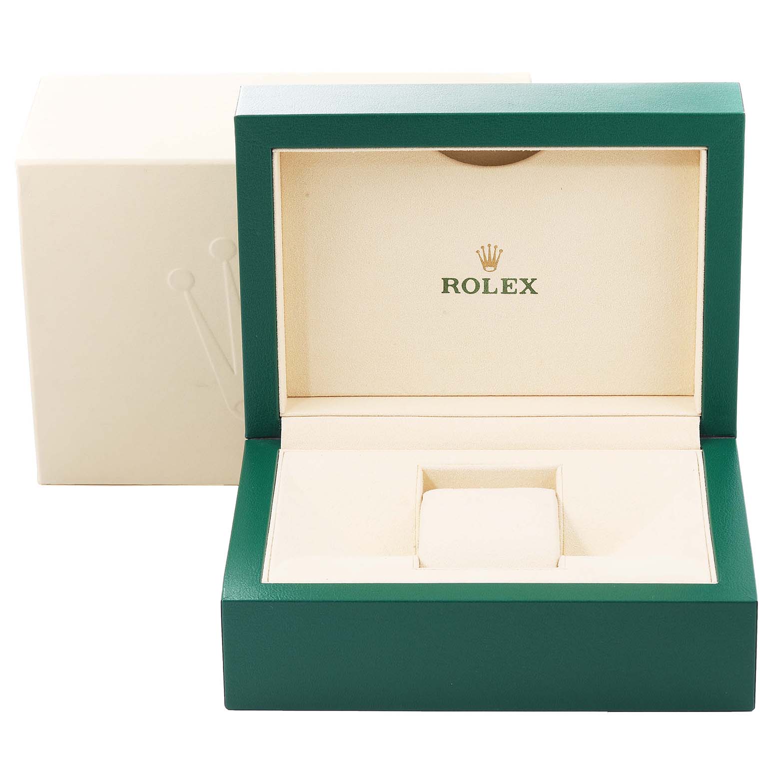 The image shows an open green and beige Rolex Datejust 116231 Men's Steel and Gold (two tone) Black Dial 116231 Men's Steel and Gold (two tone) Black Dial watch box with the Rolex logo inside.