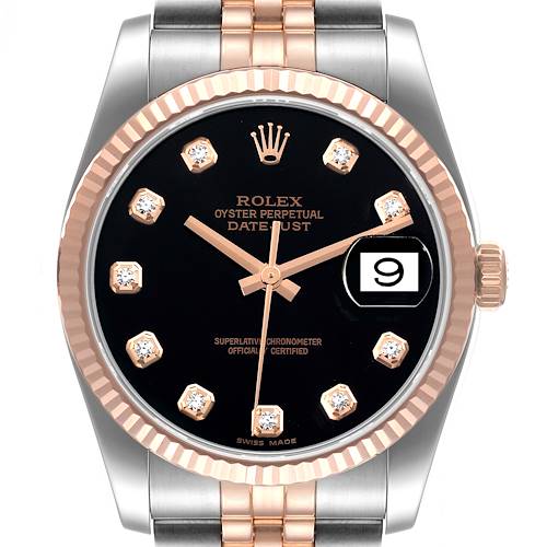 Photo of Rolex Datejust 36 Steel Rose Gold Black Diamond Dial Mens Watch 116231